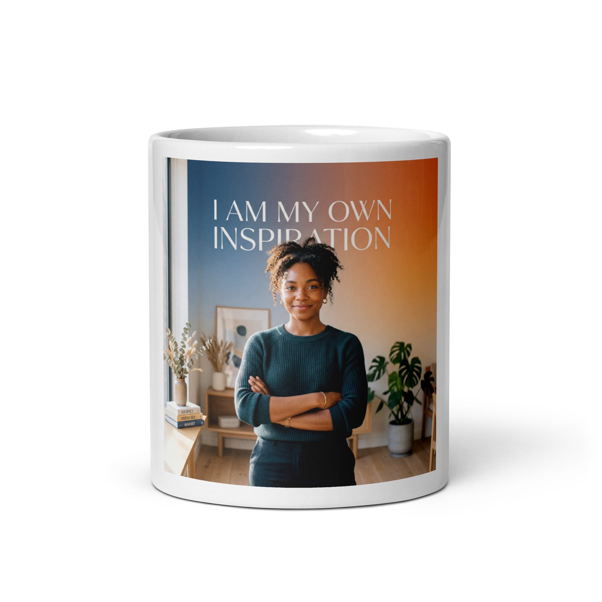 White glossy mug, front print: "I AM MY OWN INSPIRATION" with woman photo