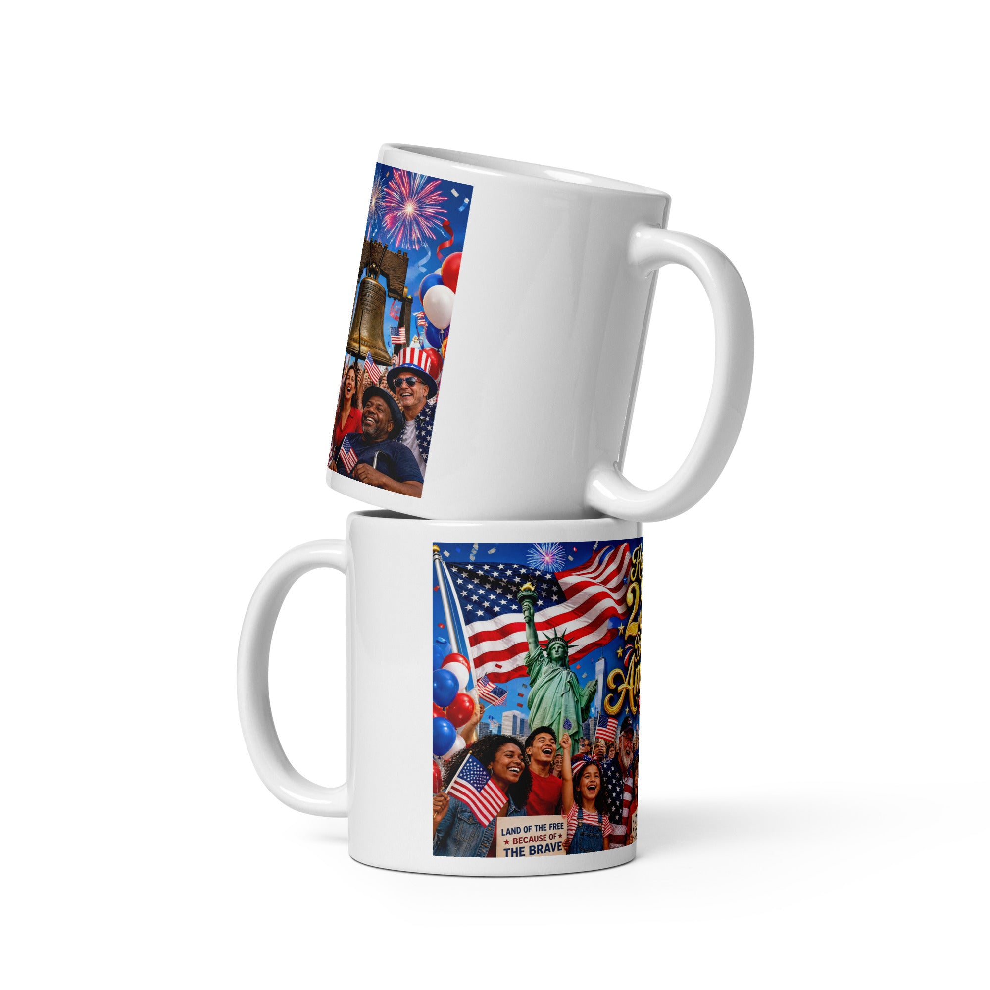 White ceramic mug stacked design: celebratory crowd and fireworks on blue background