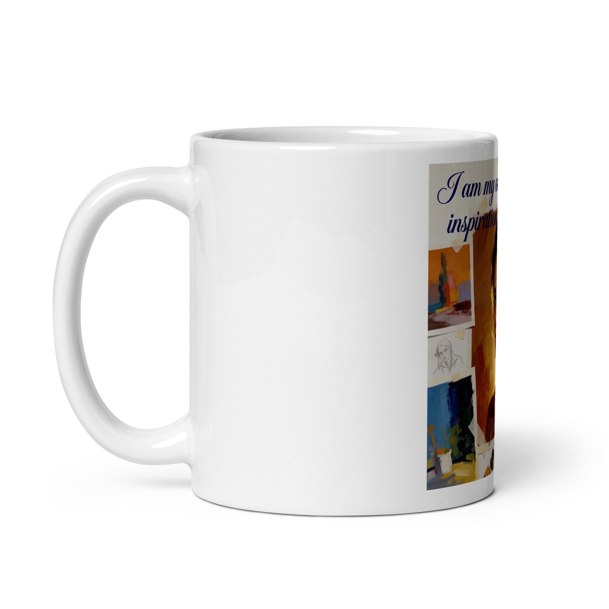 White glossy ceramic mug with partial printed artwork and text on the right side.