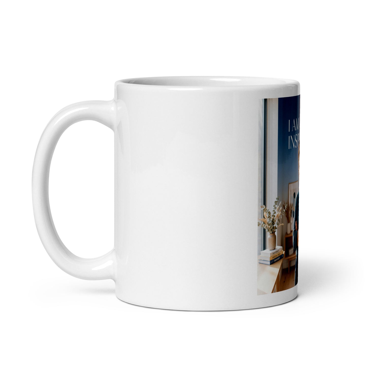 White glossy mug with partial side photo panel and quote text on blue background