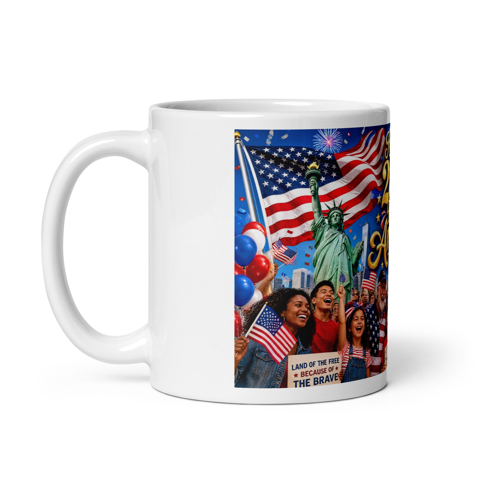 White ceramic mug with Statue of Liberty, flags, balloons, and cheering people graphic