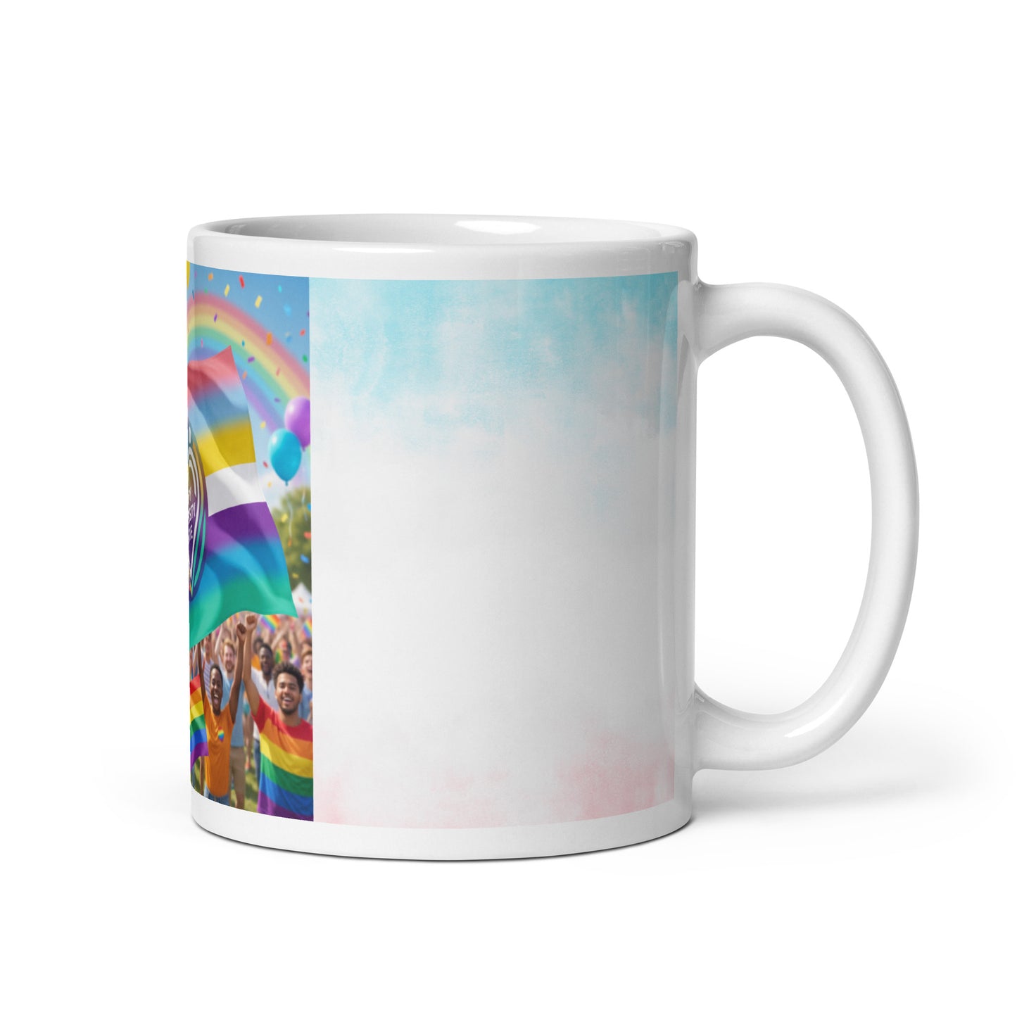 #LifeCoachApproved Unity Diversity Love glossy mug with partial printed rainbow flag, white