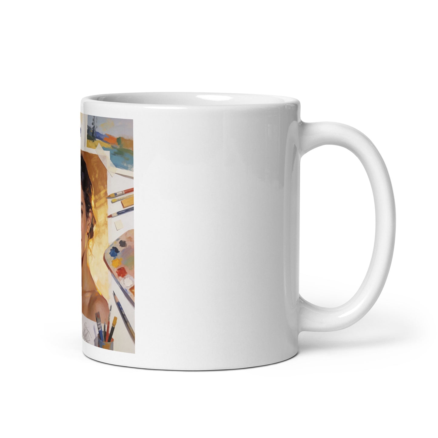 White glossy ceramic mug with partial printed artwork on the left side and blank front.