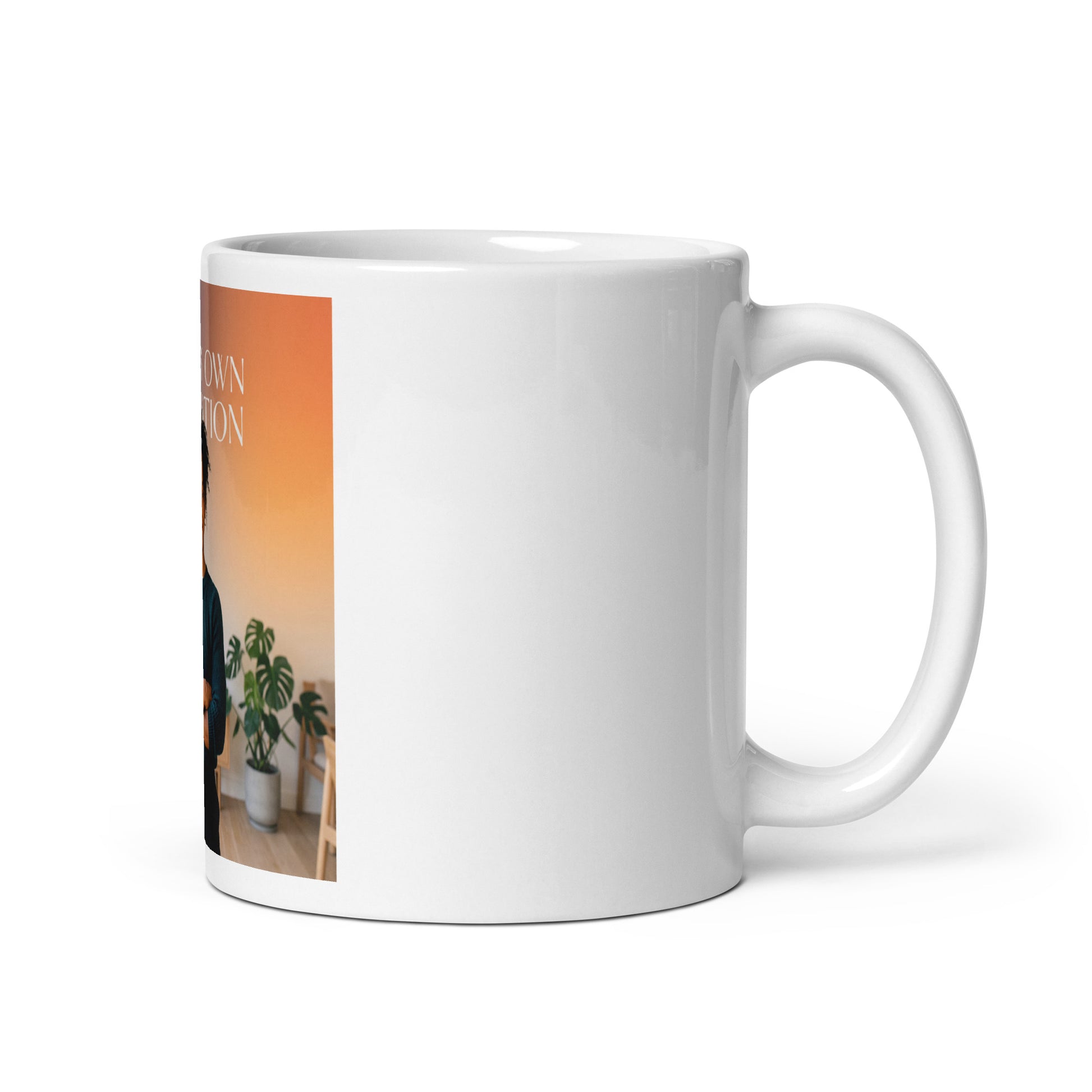White glossy mug with partial side photo panel and orange gradient print