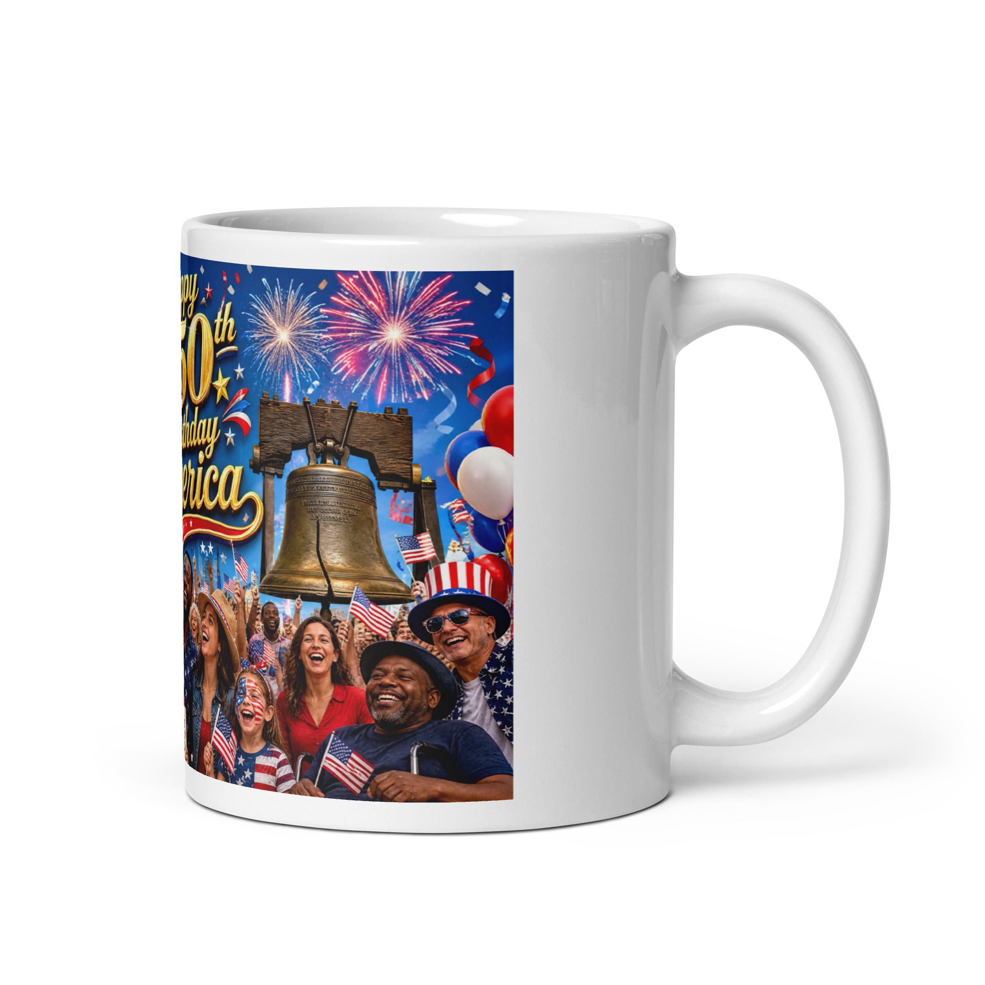 White ceramic mug with close view of bell, balloons, fireworks, and patriotic faces