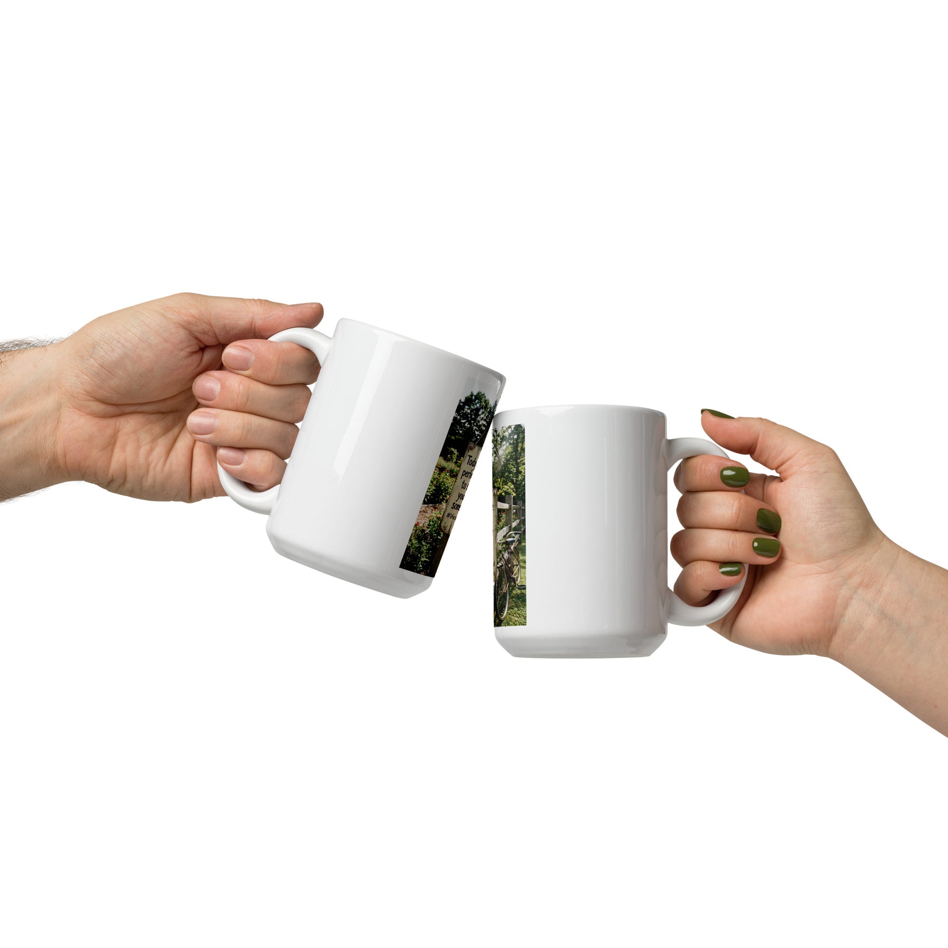 Two white glossy mugs side by side, scenic photo strips on sides, rounded handles