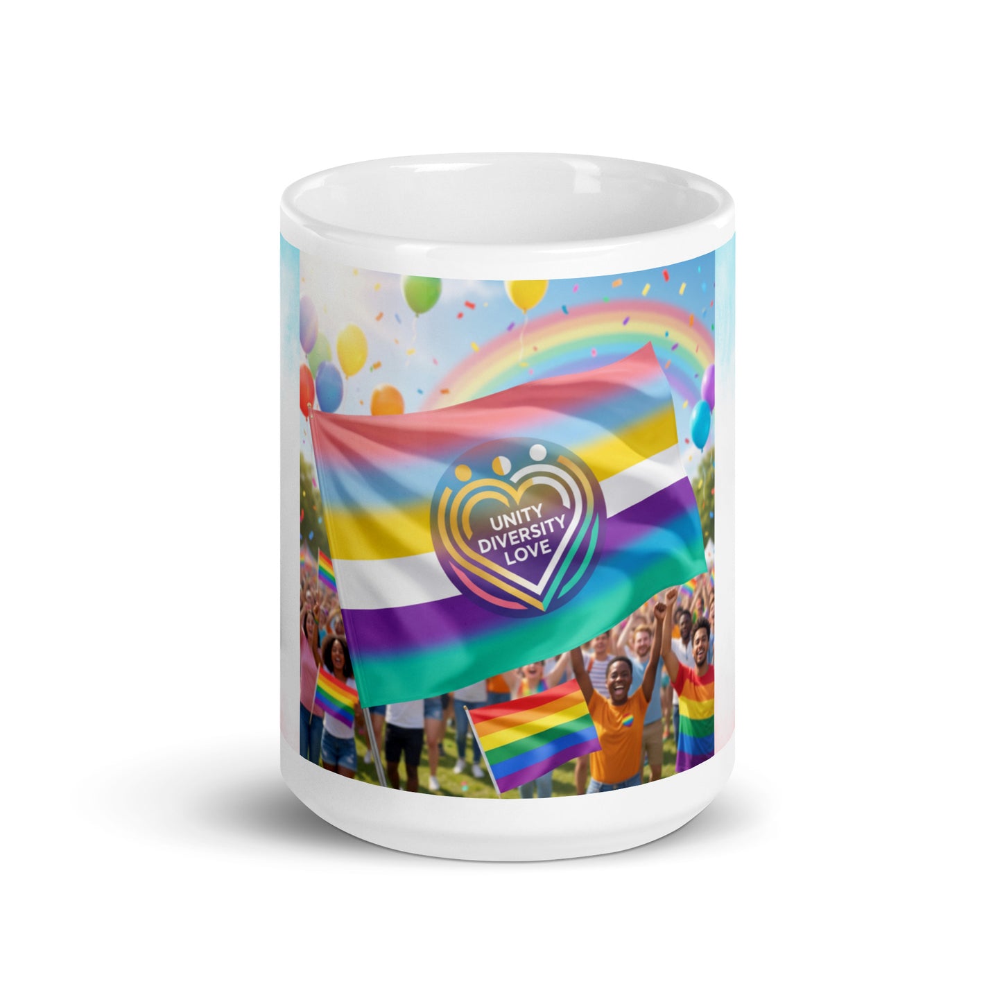 #LifeCoachApproved Unity Diversity Love glossy mug with rainbow heart and pride flag artwork