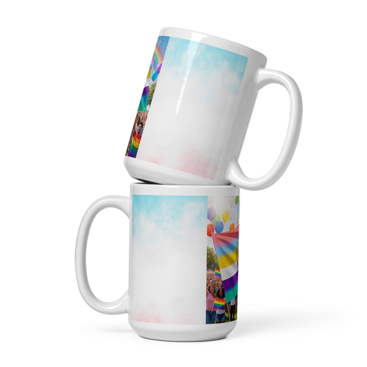 #LifeCoachApproved Unity Diversity Love glossy mug set, angled view with colorful pride graphic