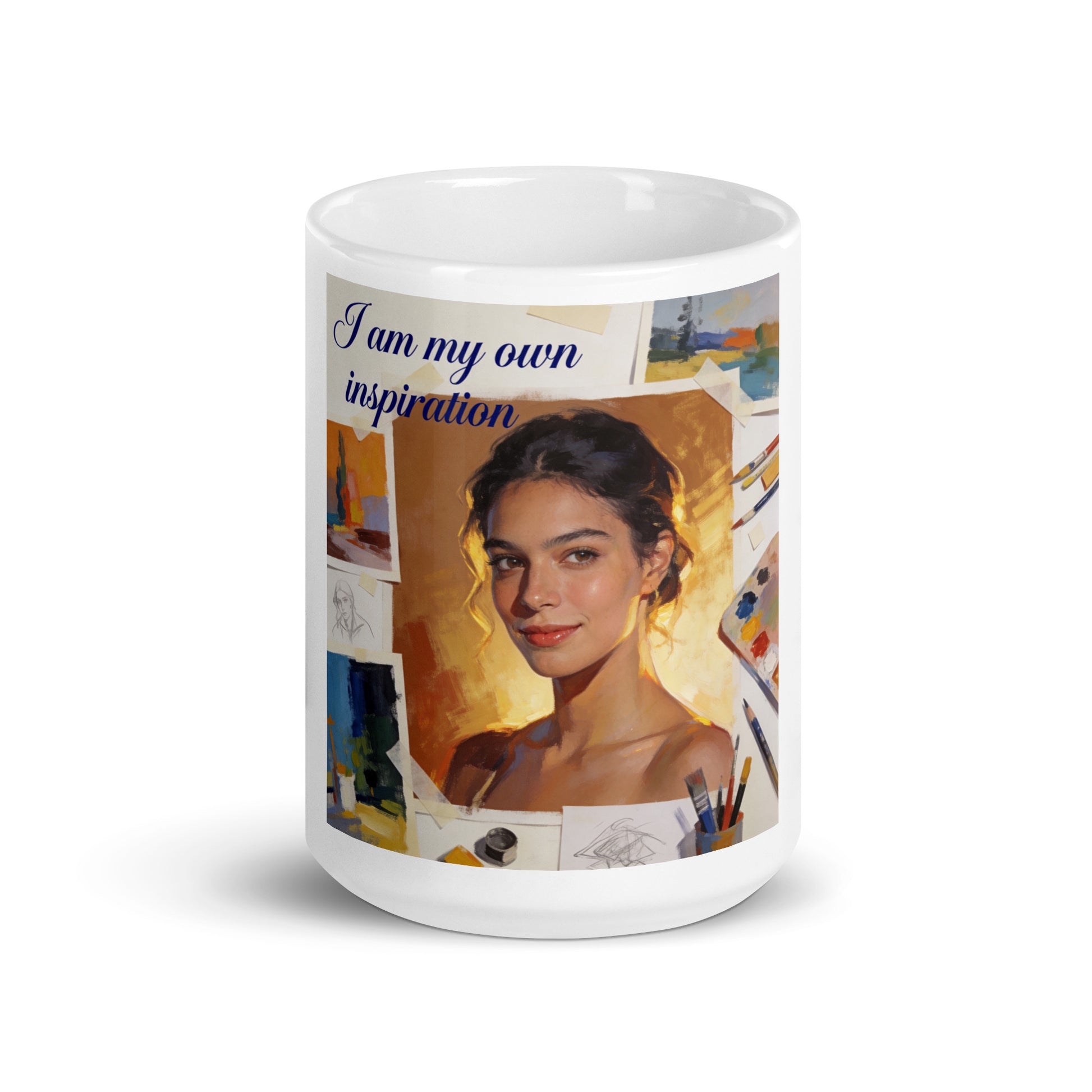 White glossy ceramic mug showing full portrait print with the text “I am my own inspiration”.