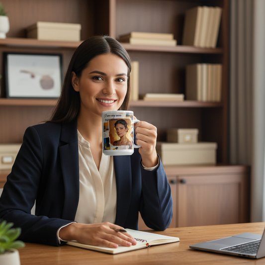 White glossy mug with inspirational art and text, held by a person in an office setting.