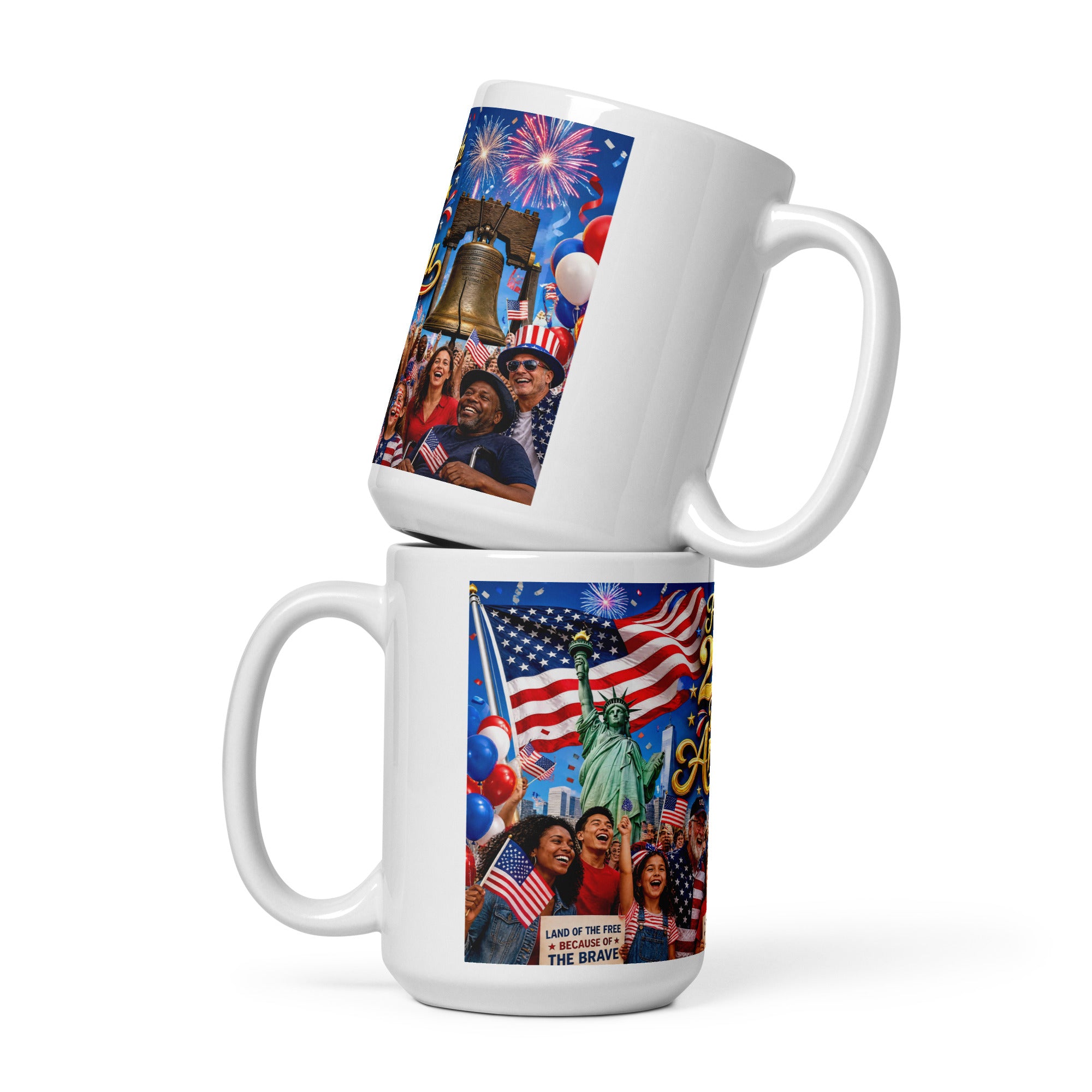 White ceramic mug with Statue of Liberty figure, fireworks, and cheering crowd graphic