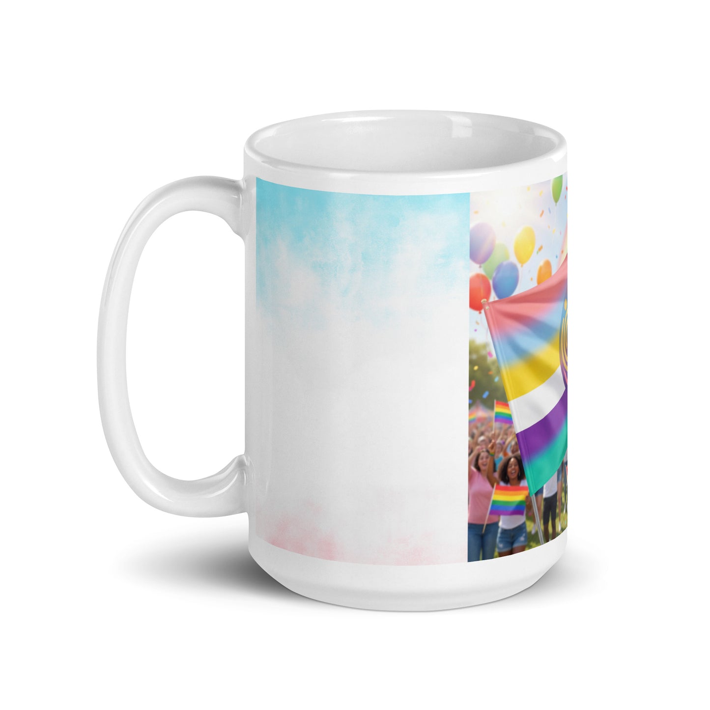 #LifeCoachApproved Unity Diversity Love glossy mug with rainbow flag graphic, white