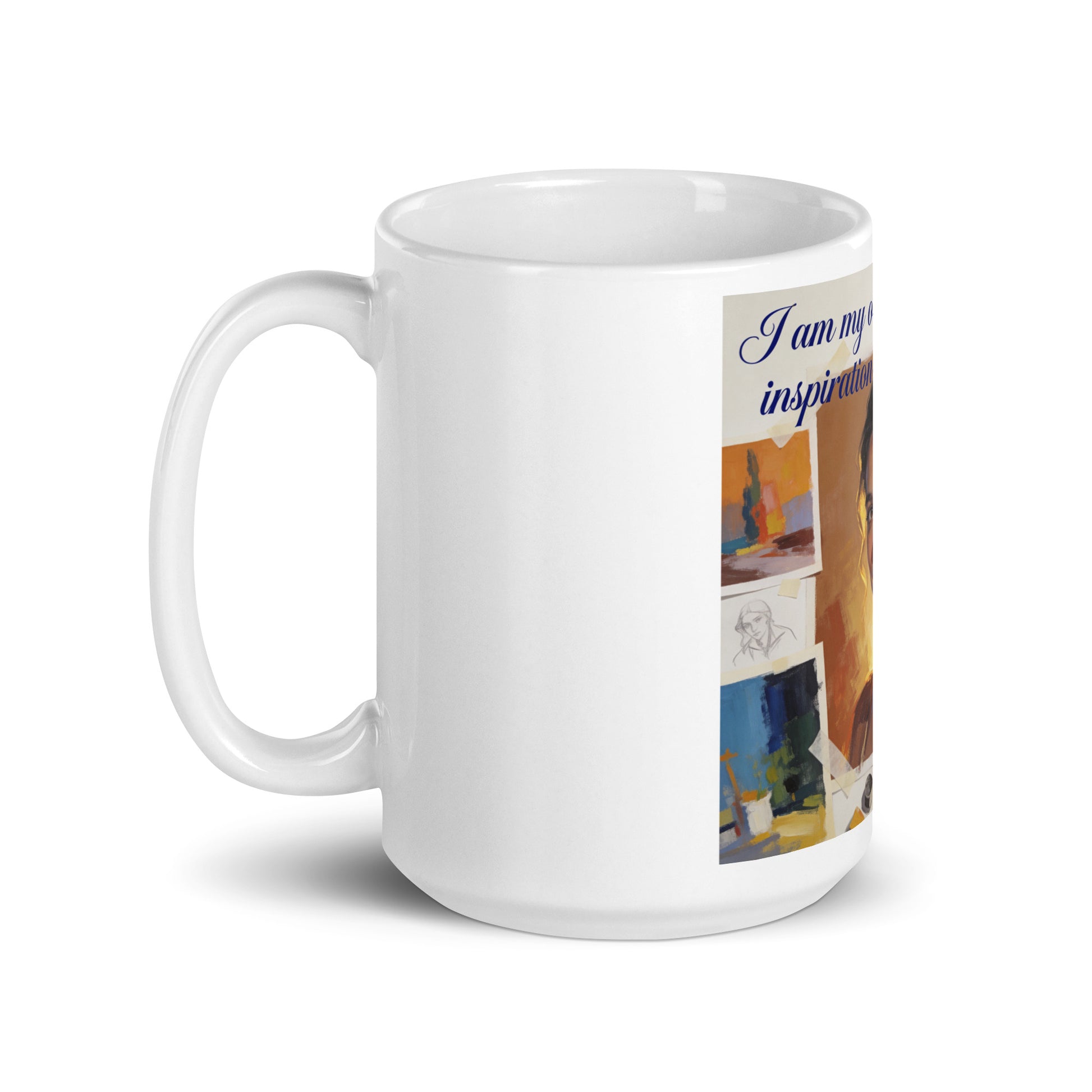 White glossy ceramic mug with partial printed text “I am my …” and artwork on the right.