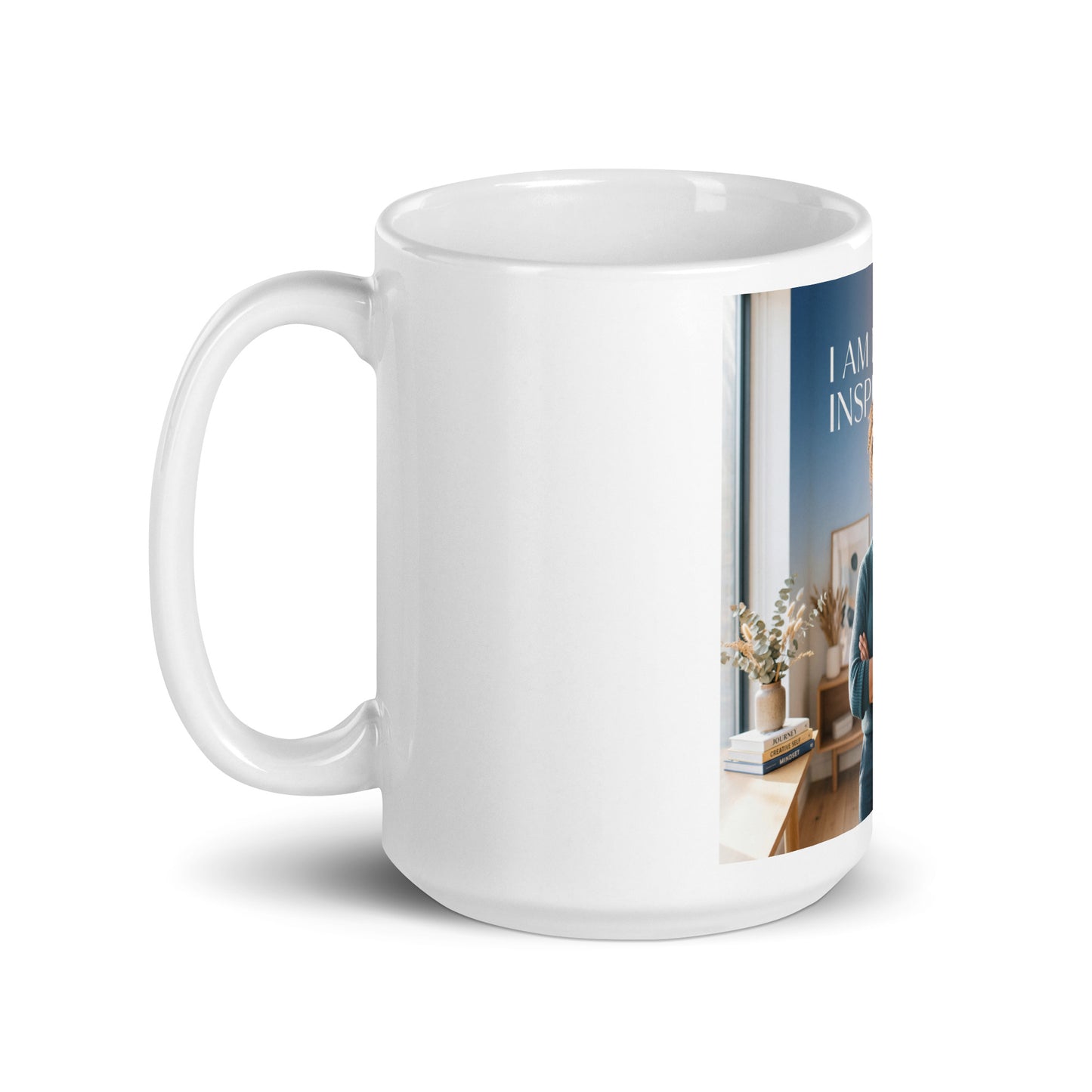 White glossy mug with partial side photo panel and quote text on blue background