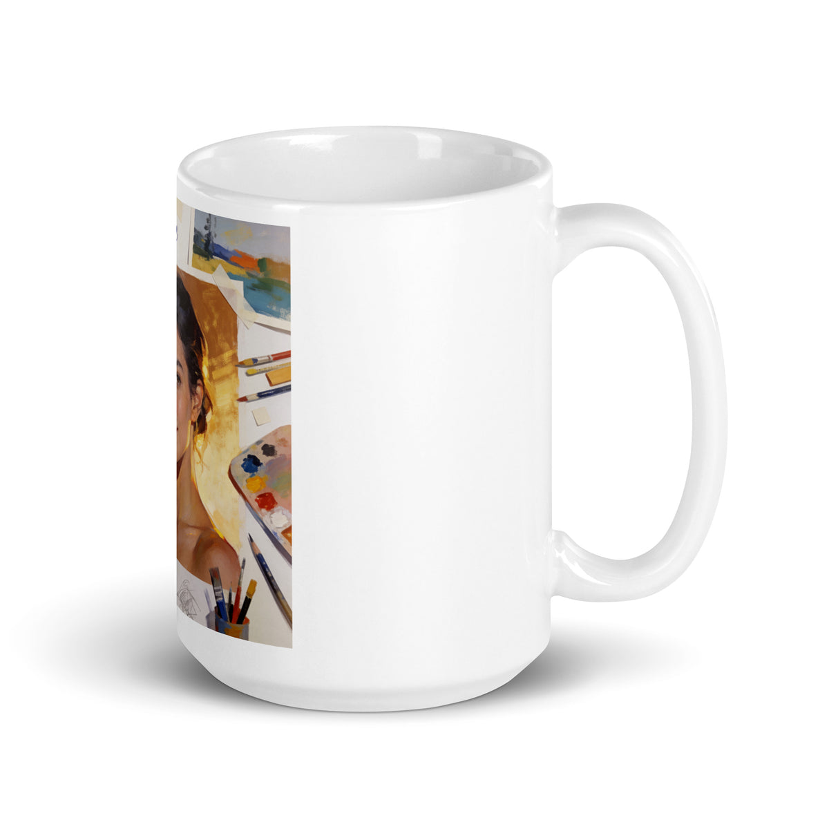 White glossy mug with partial portrait collage graphic on the left side