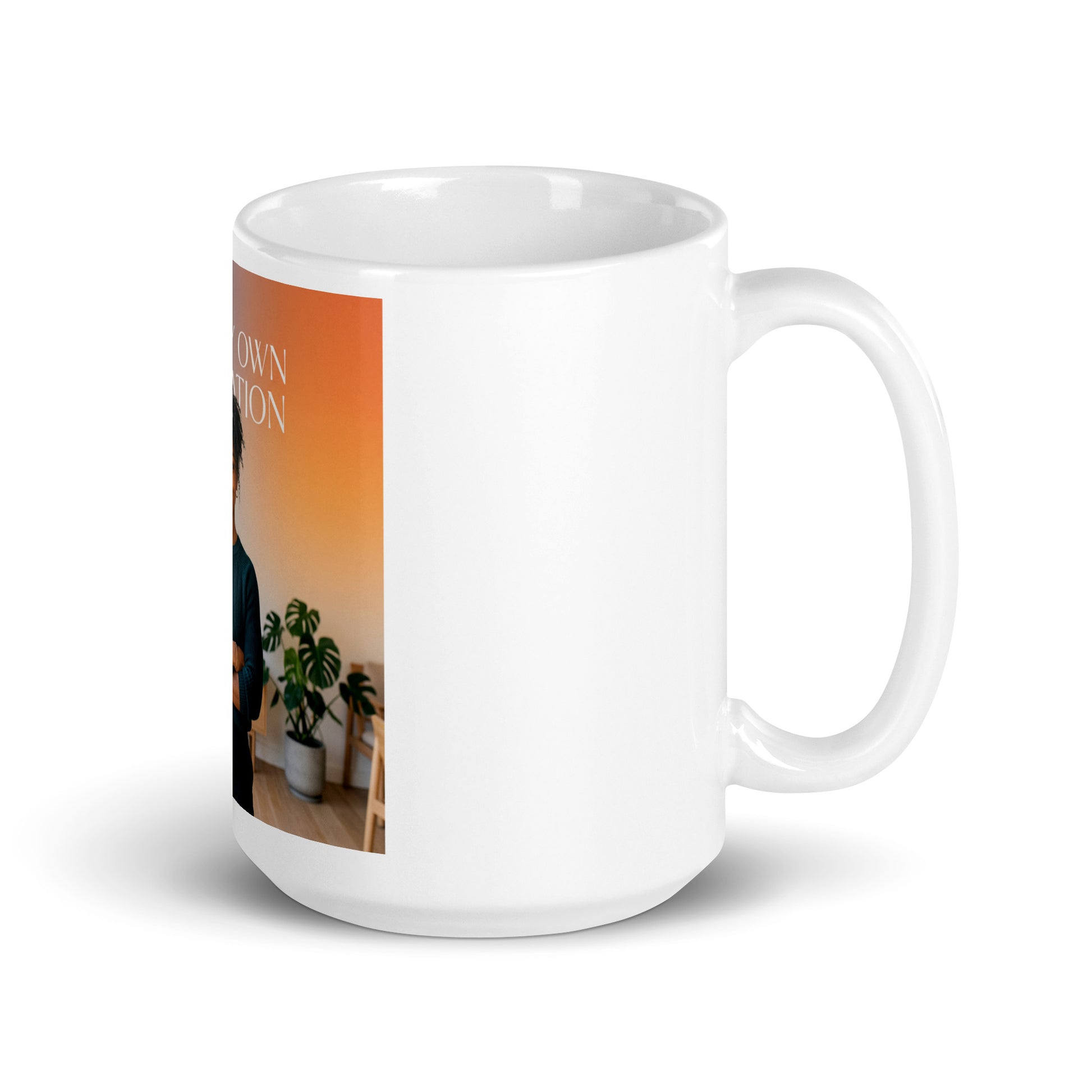 White glossy ceramic mug with vertical photo panel on the left side