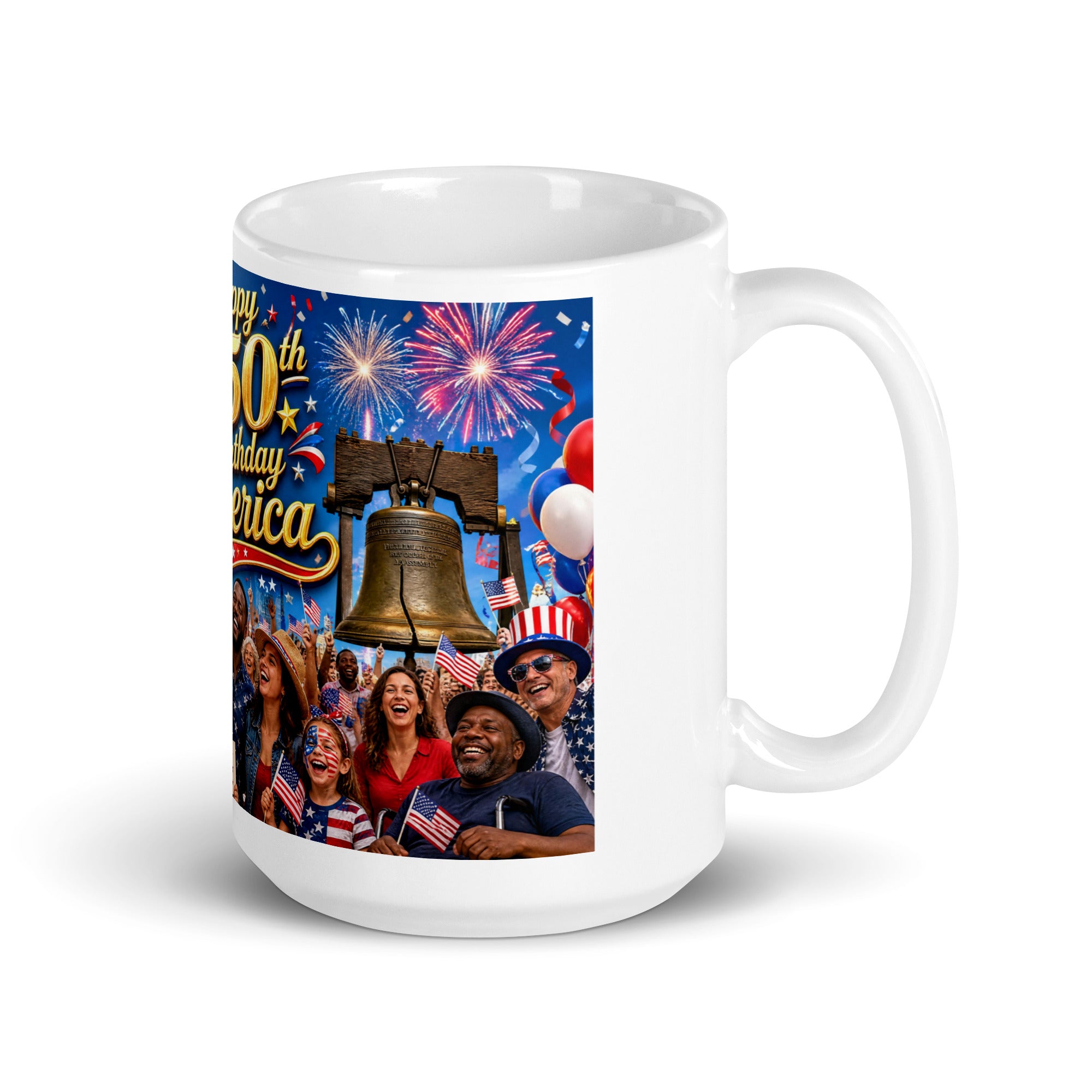White ceramic mug with bell landmark, fireworks, balloons, and patriotic crowd graphic
