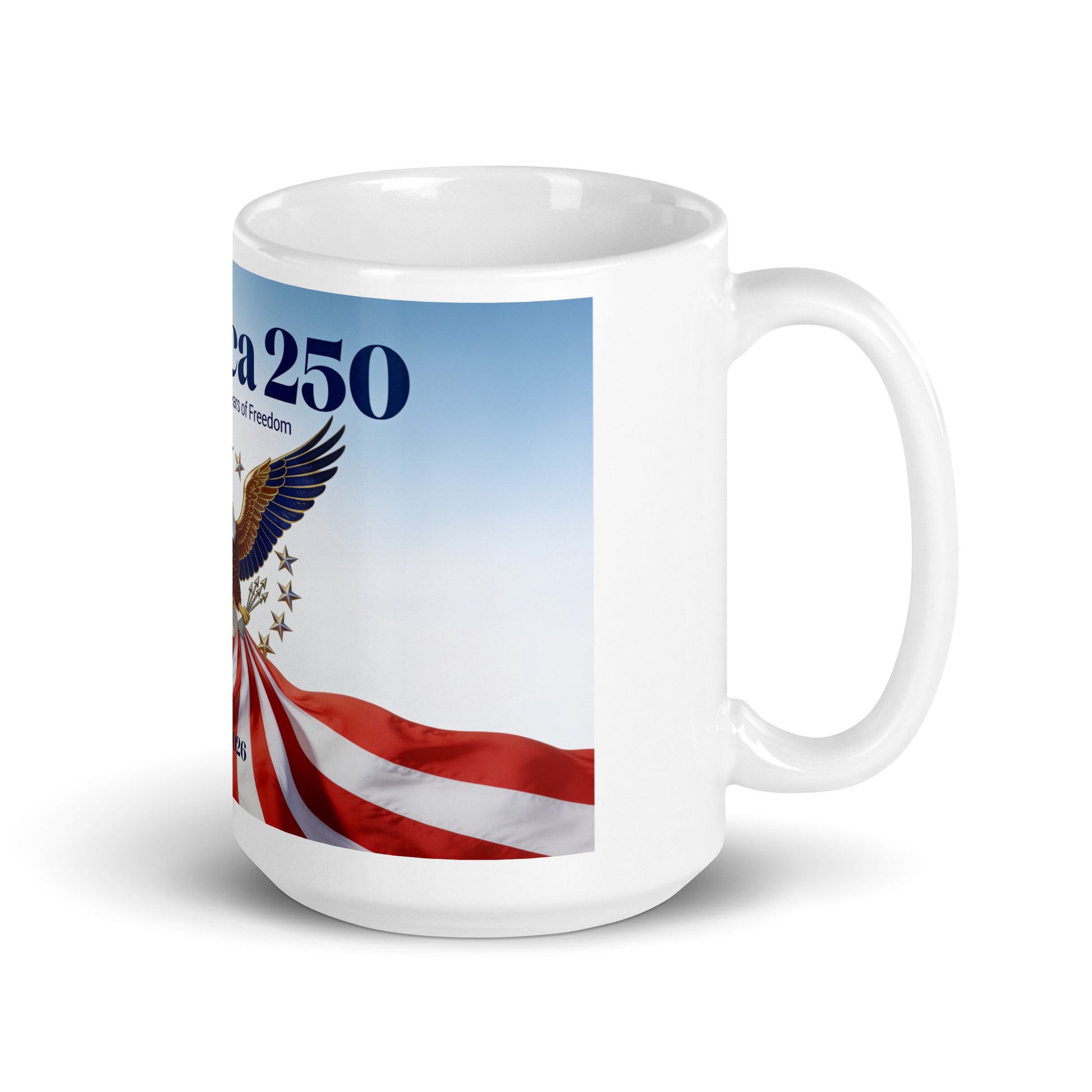White ceramic mug with America 250 patriotic flag and blue sky design
