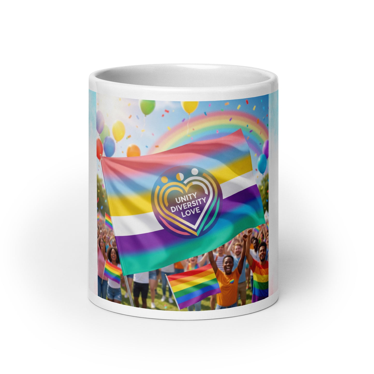 Glossy white ceramic mug with Unity Diversity Love heart emblem and rainbow flag