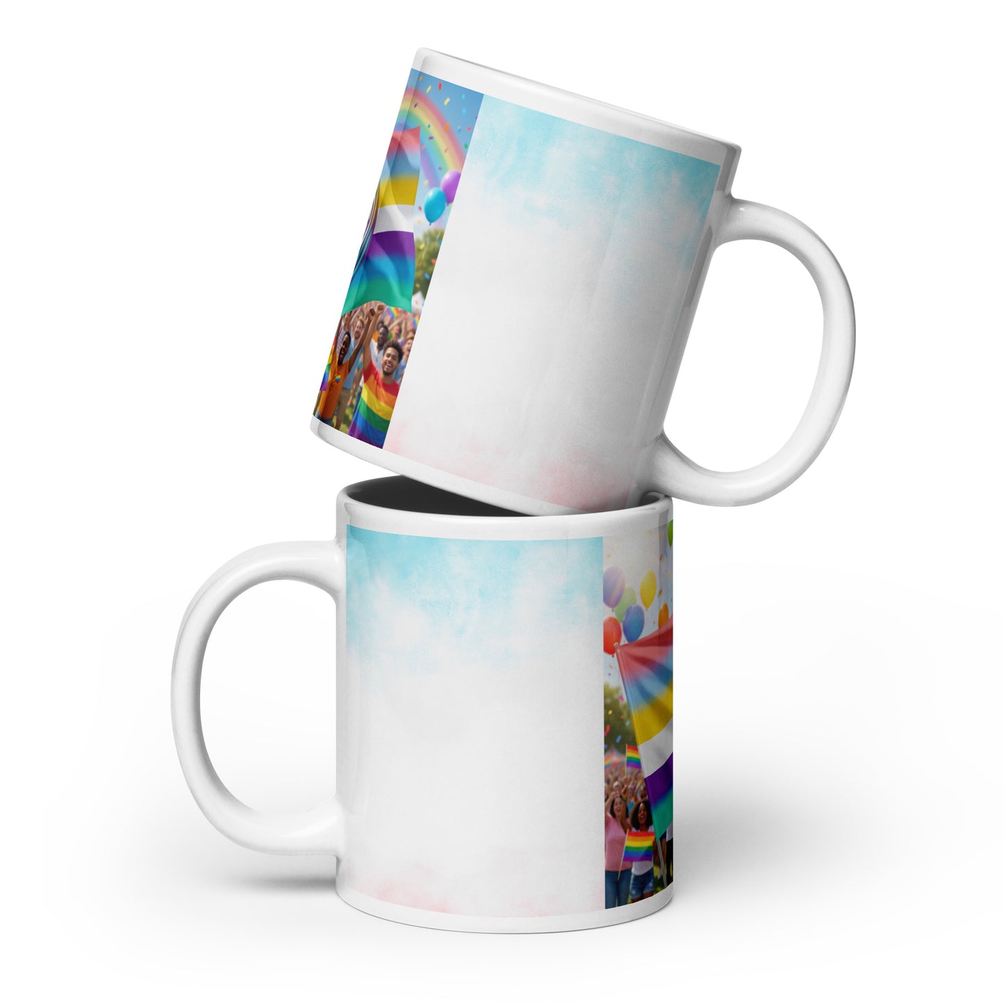 #LifeCoachApproved Unity Diversity Love glossy mug set, front view with rainbow heart design