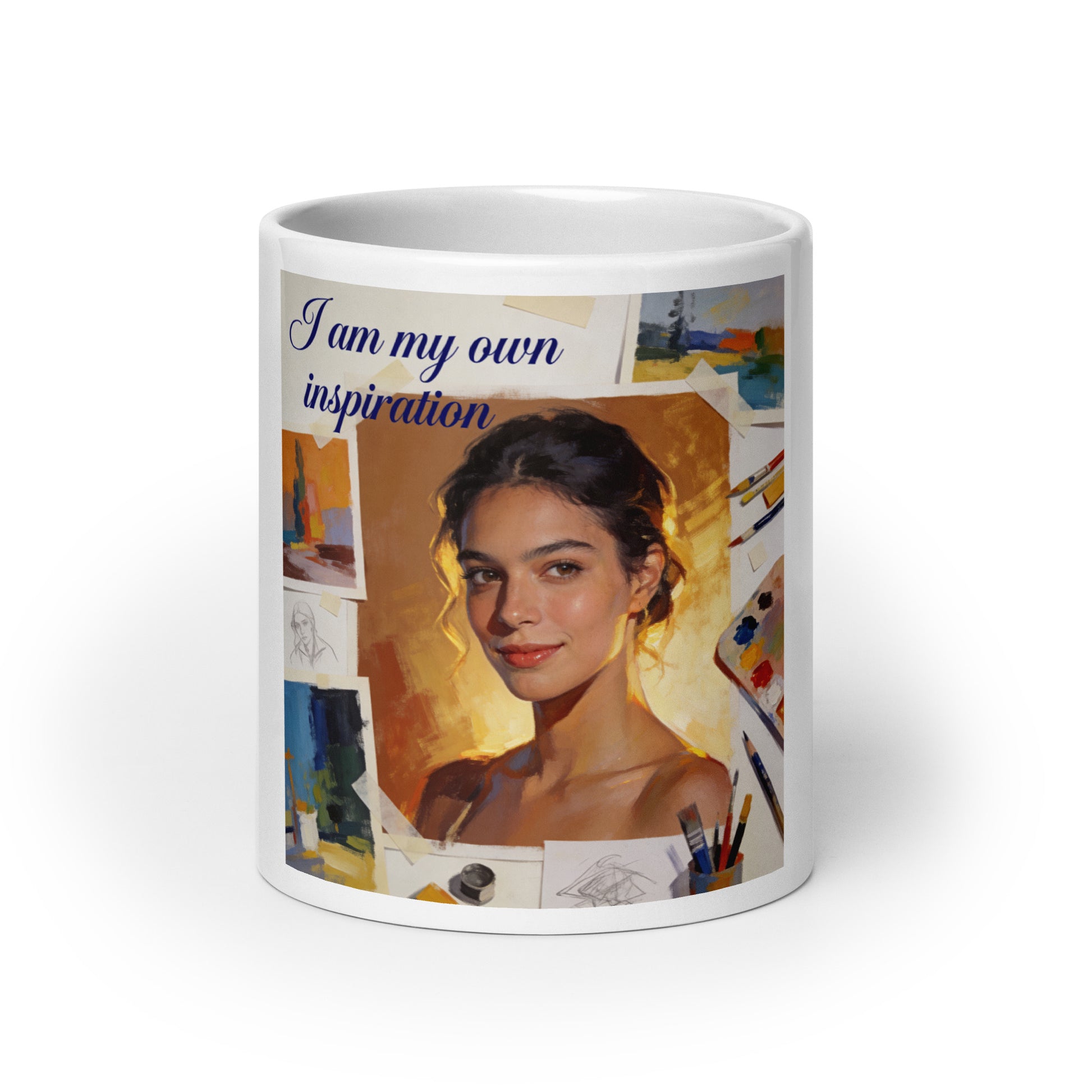 White glossy ceramic mug with portrait print and “I am my own inspiration” text across top.