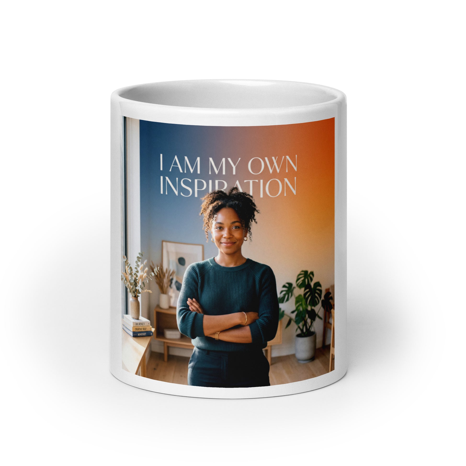 White glossy mug, front print: "I AM MY OWN INSPIRATION" with woman photo