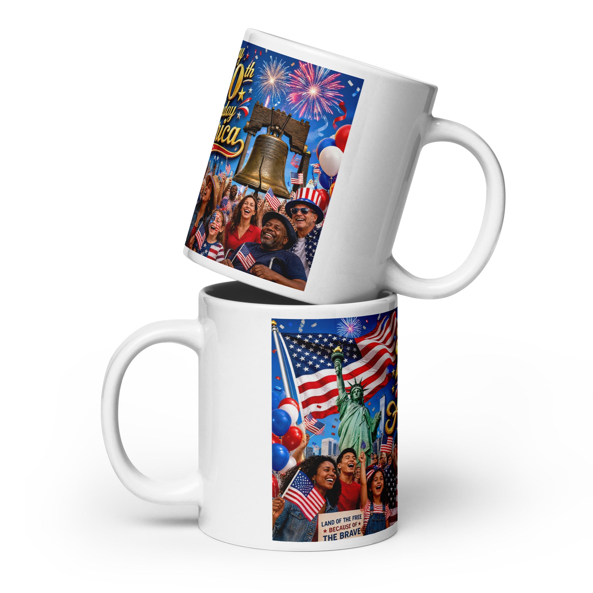 White ceramic mug with bell landmark, fireworks, balloons, and crowd graphic