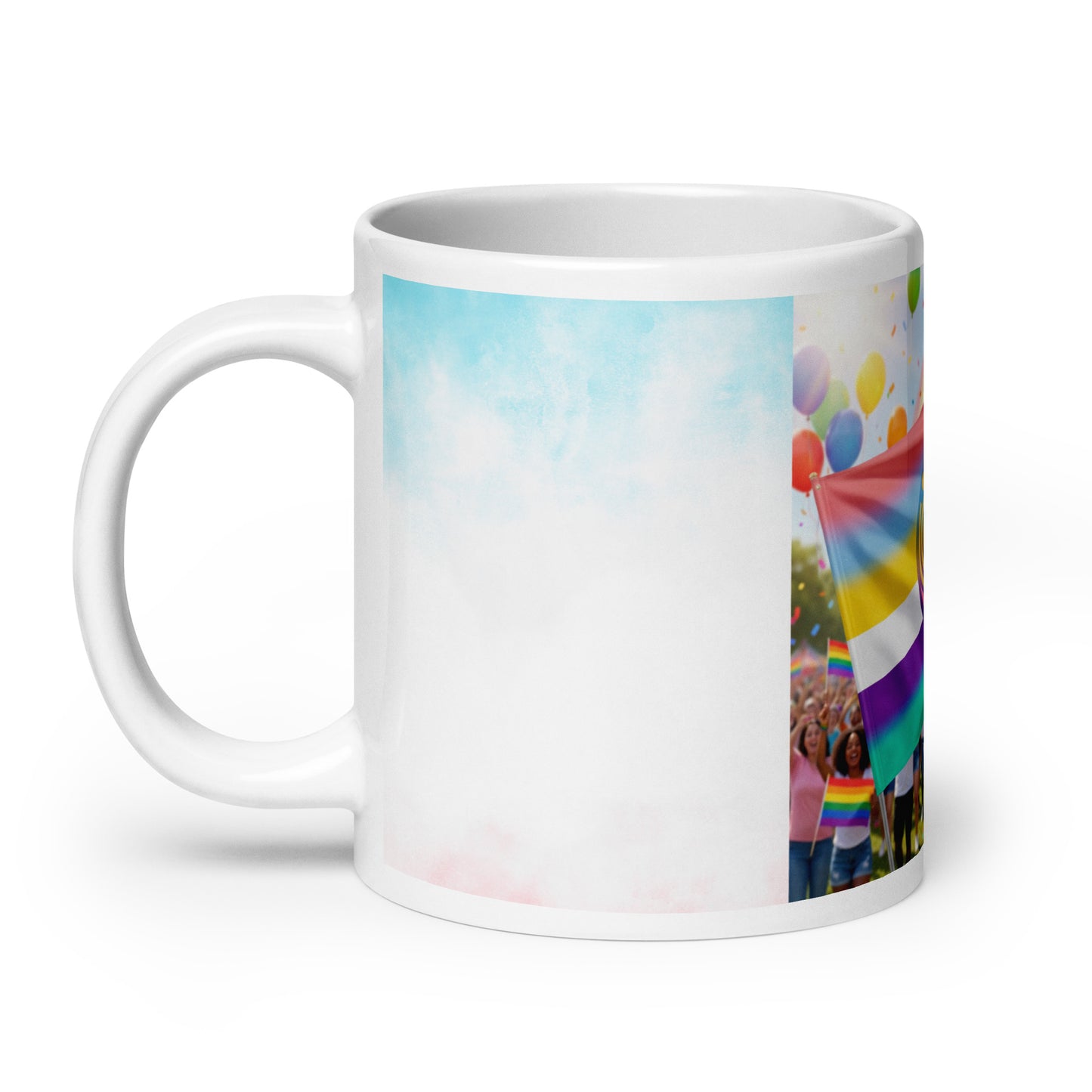 Glossy white ceramic mug with rainbow flag, balloons, and heart logo