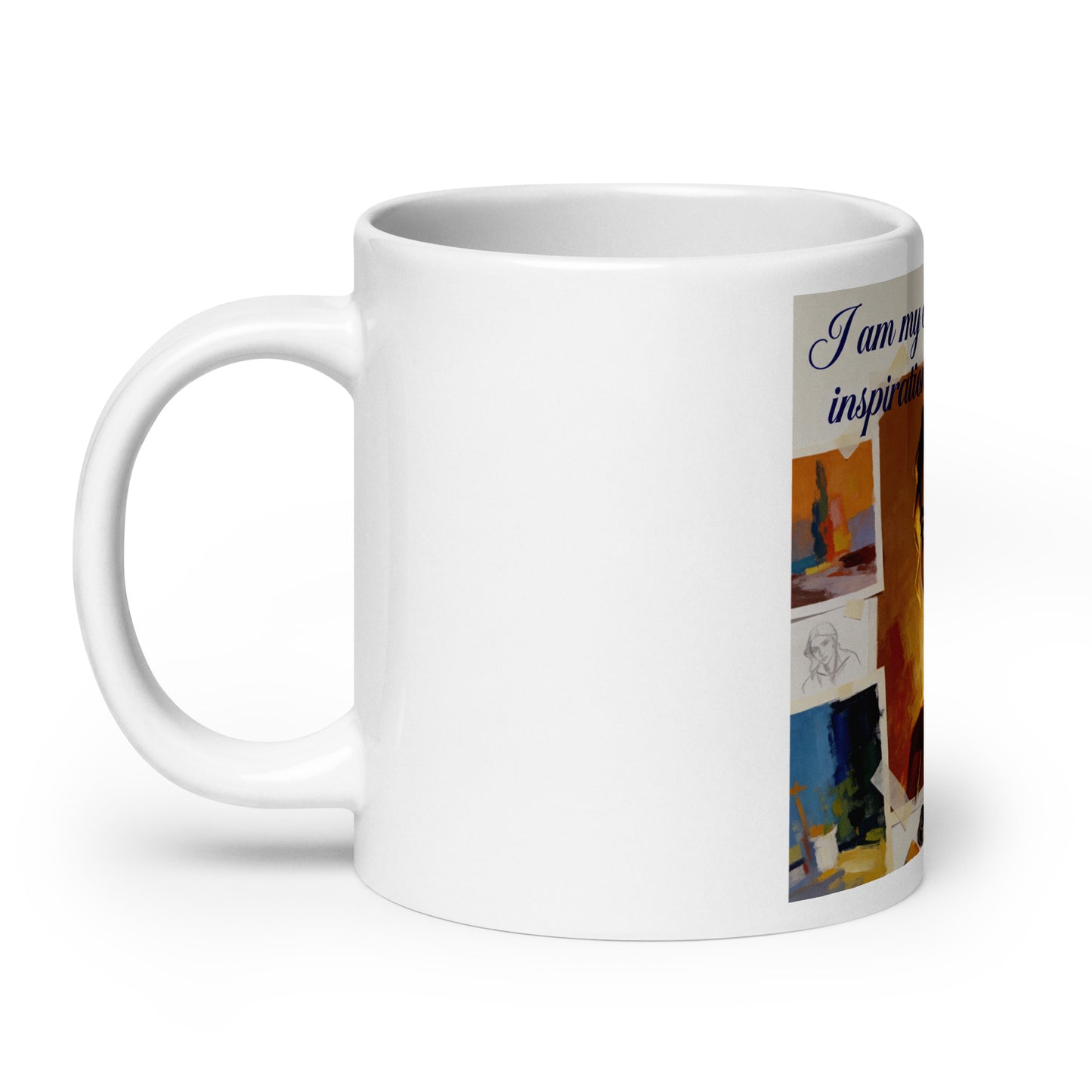 White glossy ceramic mug with partial printed text and artwork on the right side.