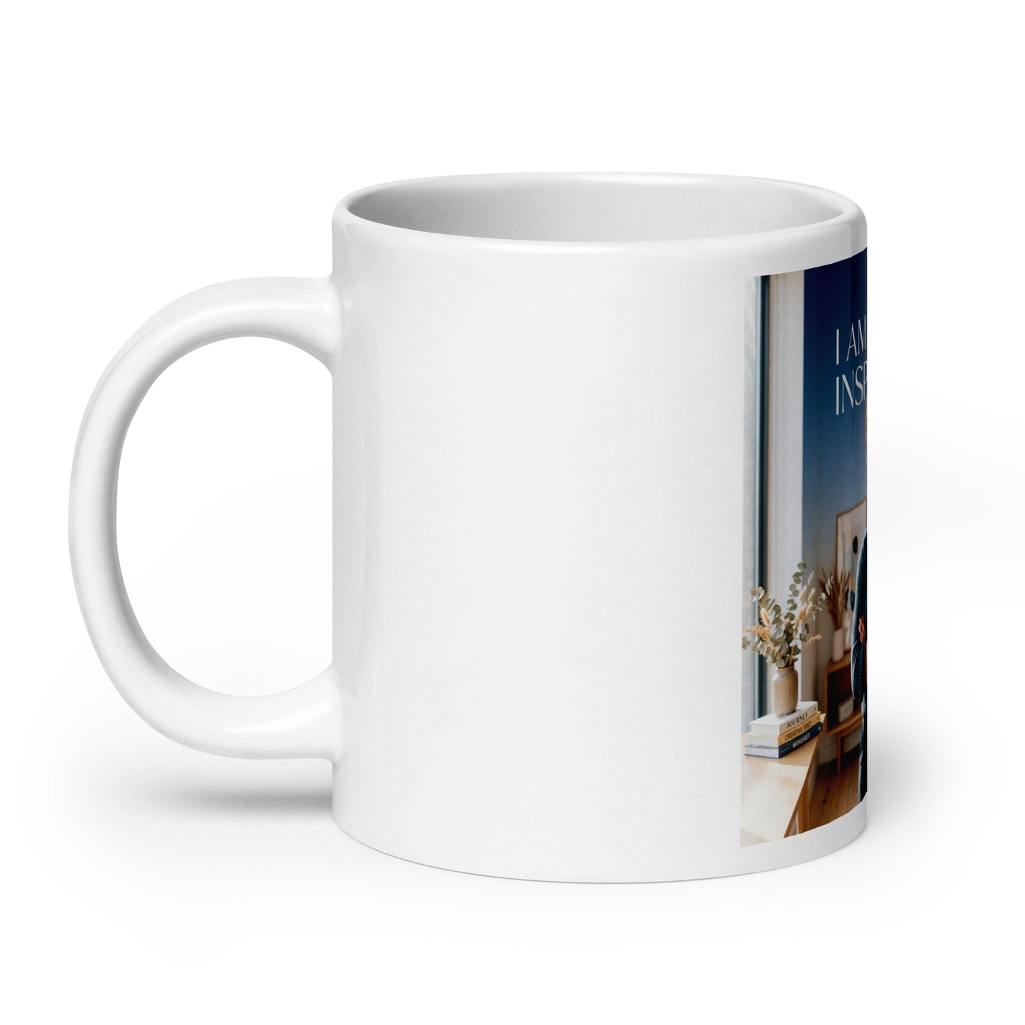 White glossy mug with partial side photo panel and quote text on blue background