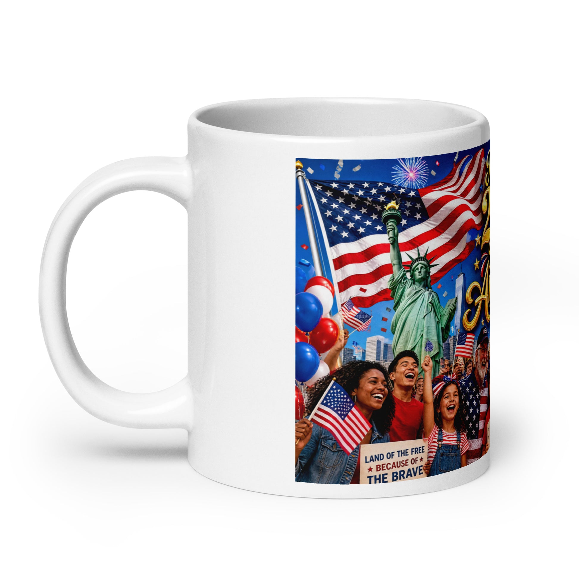 White ceramic mug with patriotic print: Statue of Liberty, U.S. flags, fireworks