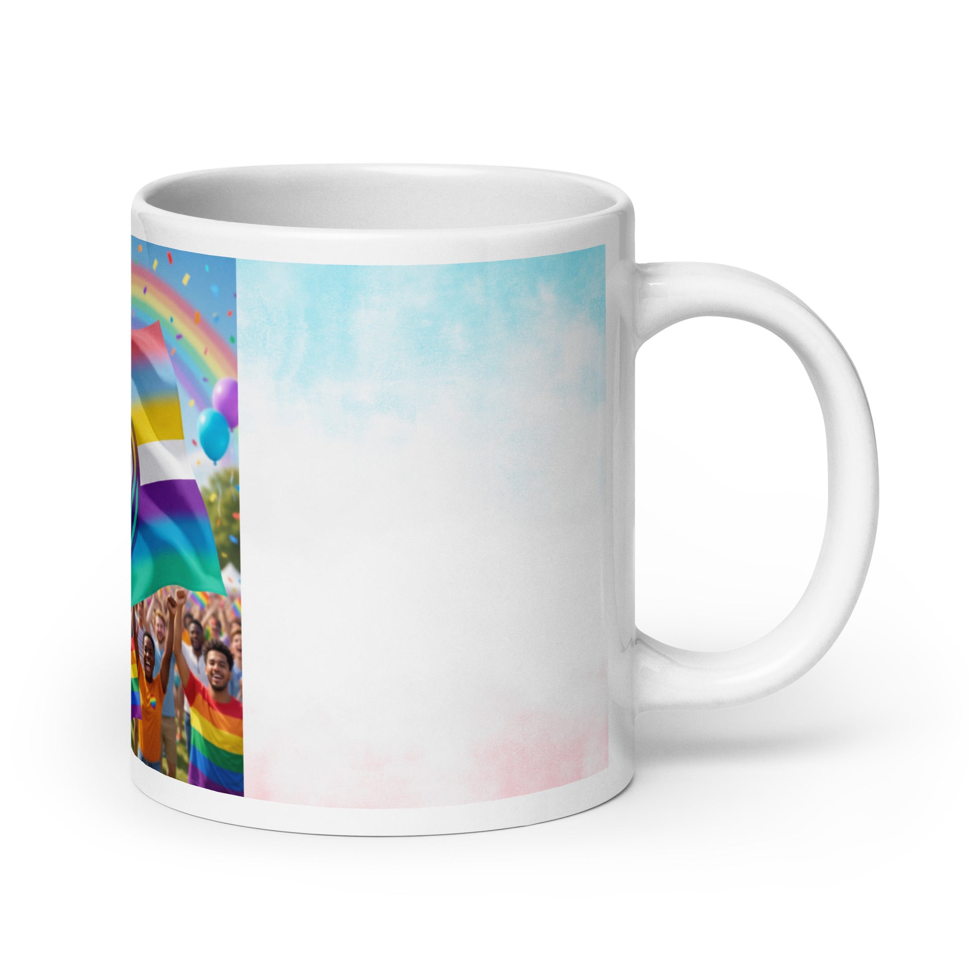Glossy white ceramic mug with partial rainbow flag and crowd graphic