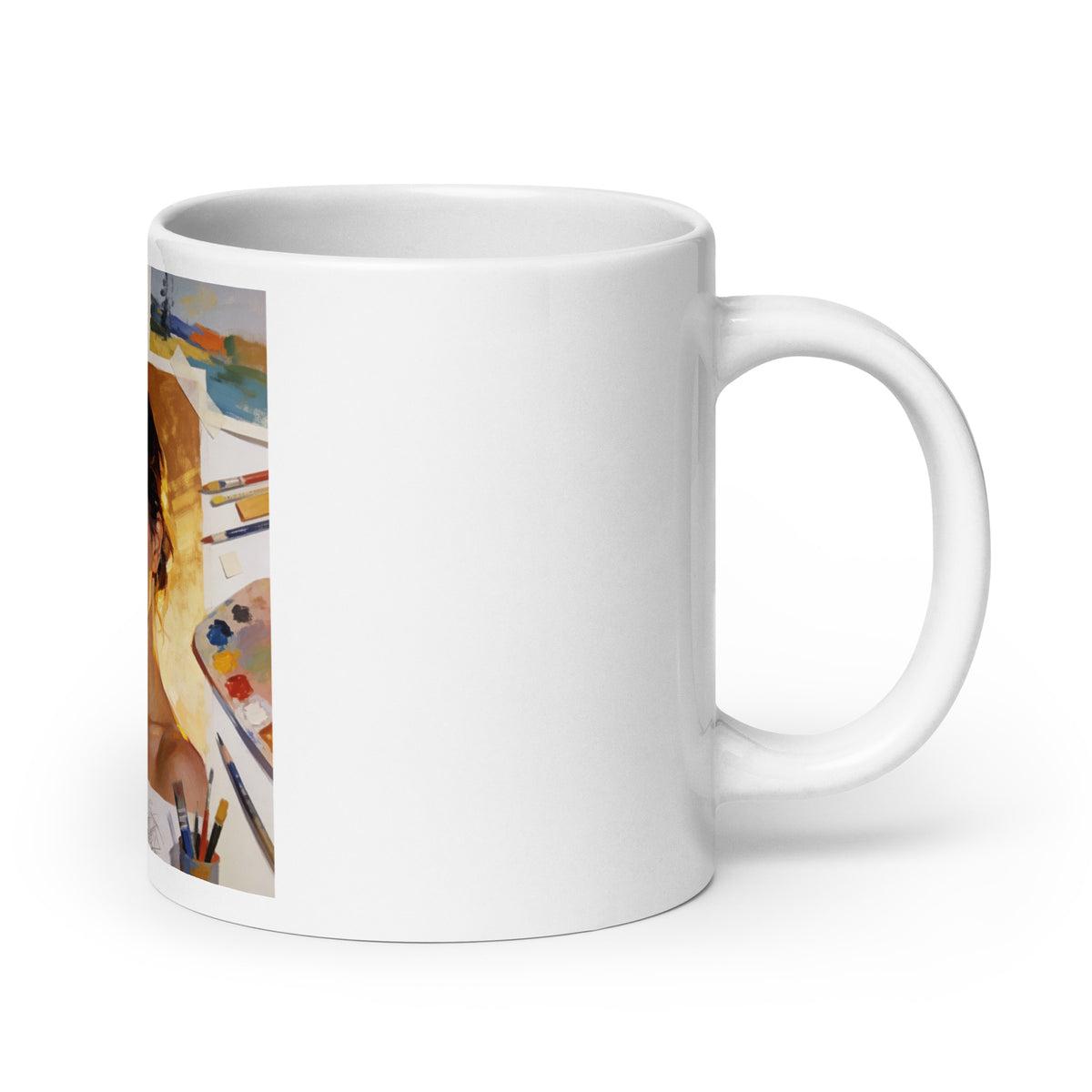 White glossy mug with mostly blank front and partial art collage along the left