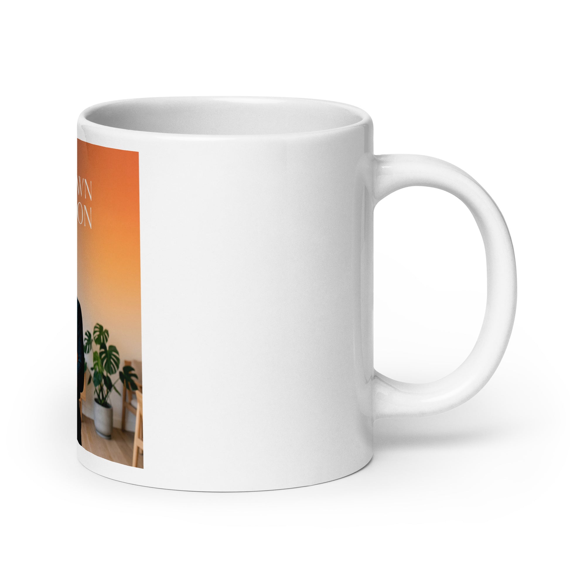 White glossy ceramic mug with vertical orange-toned photo panel