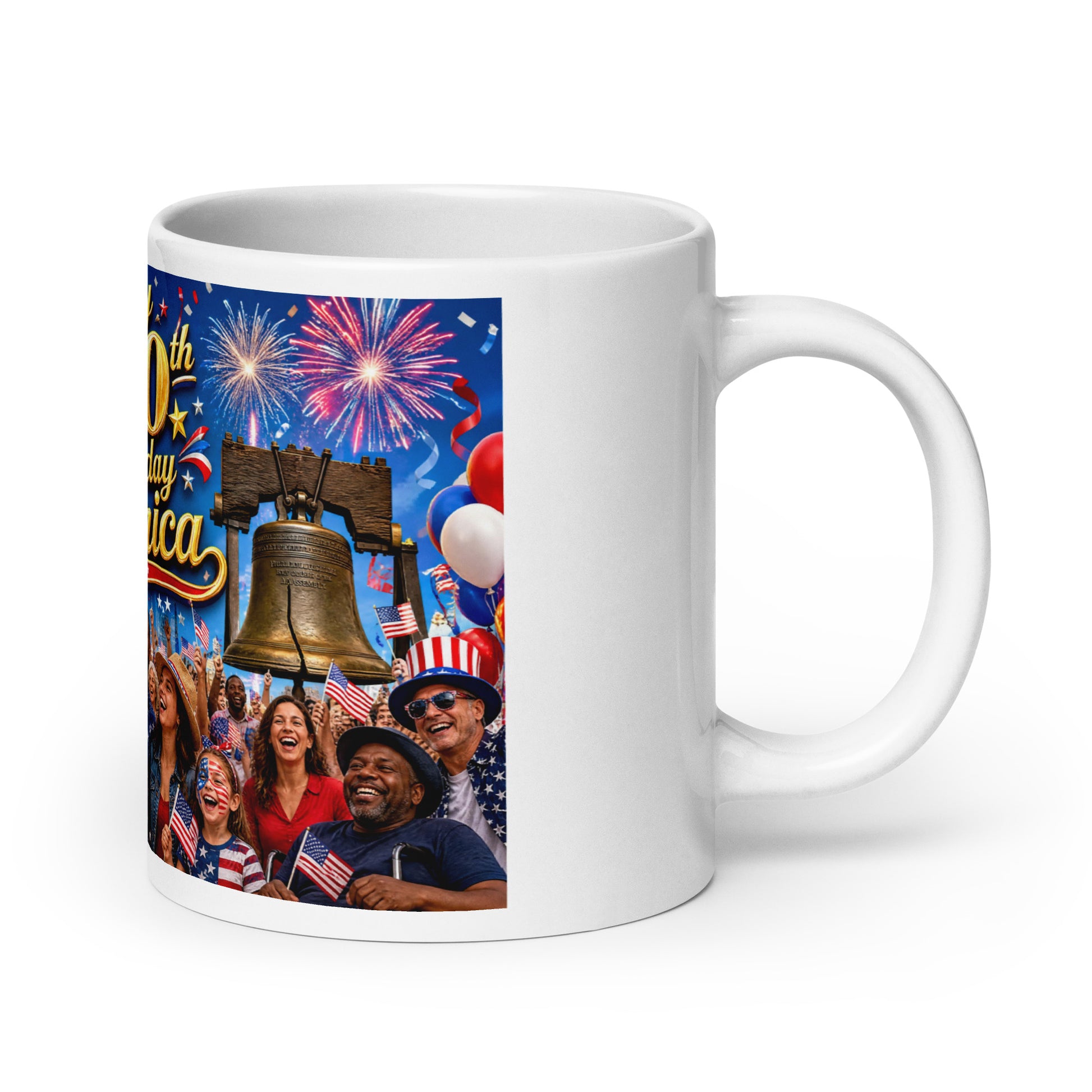 White ceramic mug with bell, fireworks, balloons, and patriotic crowd graphic on front panel
