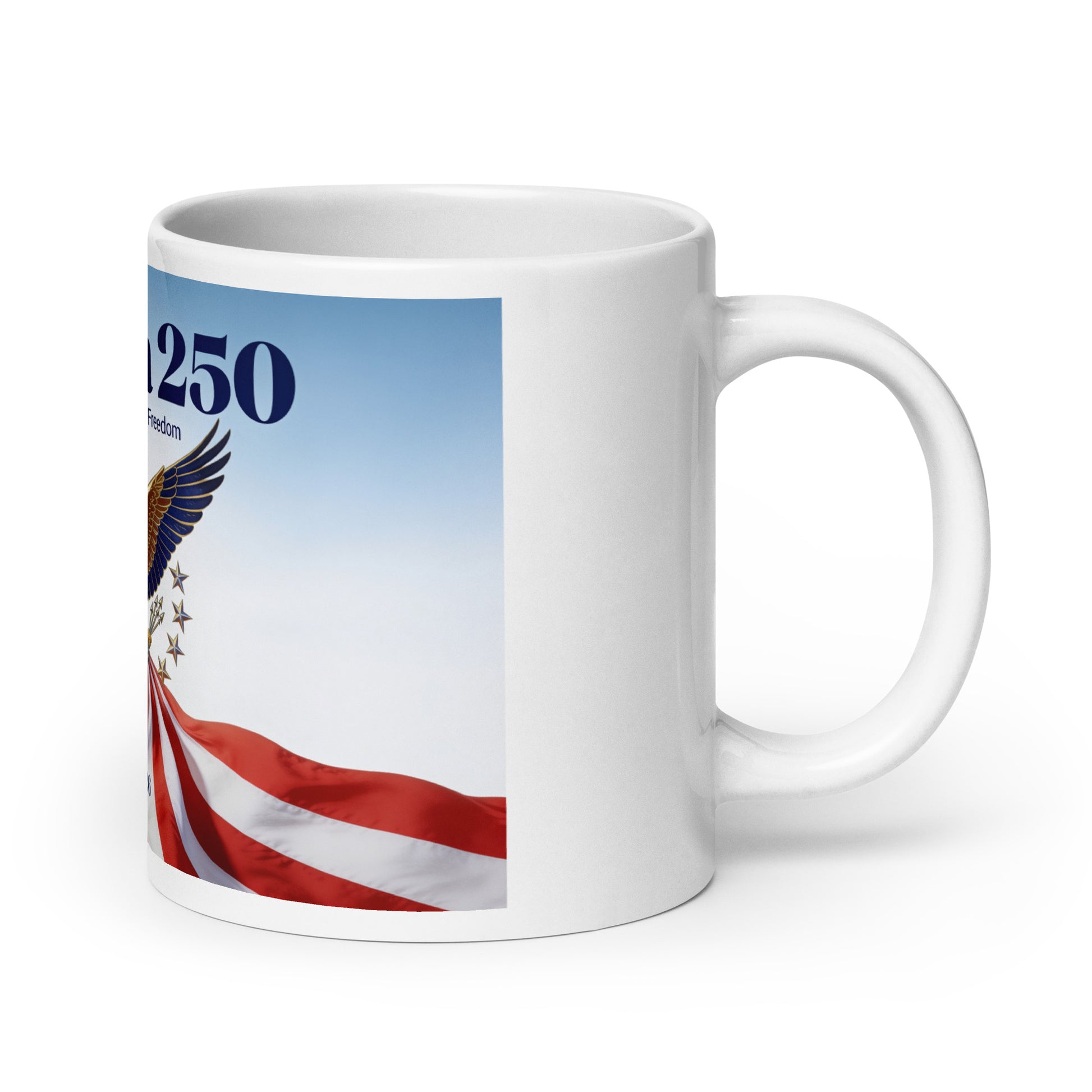 White ceramic mug with America 250 patriotic flag and 250 text panel
