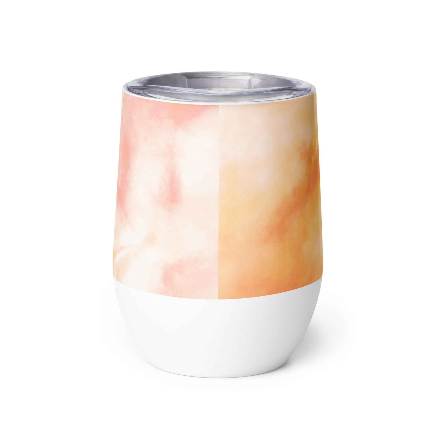 Wine tumbler with clear lid, white base, watercolor-style orange and pink wrap