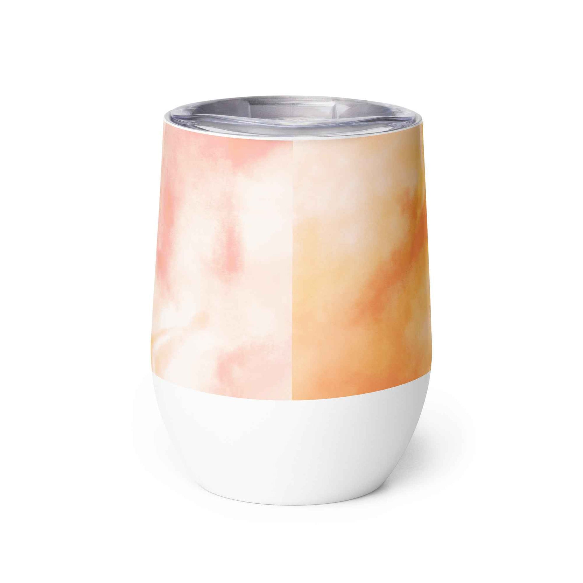 Wine tumbler with clear lid, white base, watercolor-style orange and pink wrap