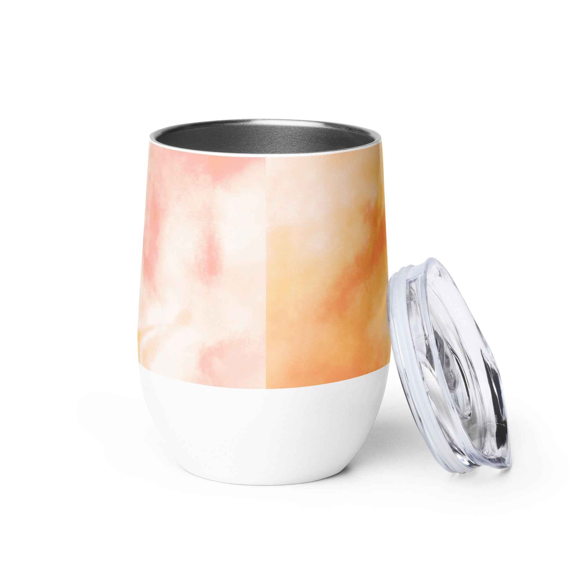 Wine tumbler with open lid and cap, white base, orange-pink watercolor wrap
