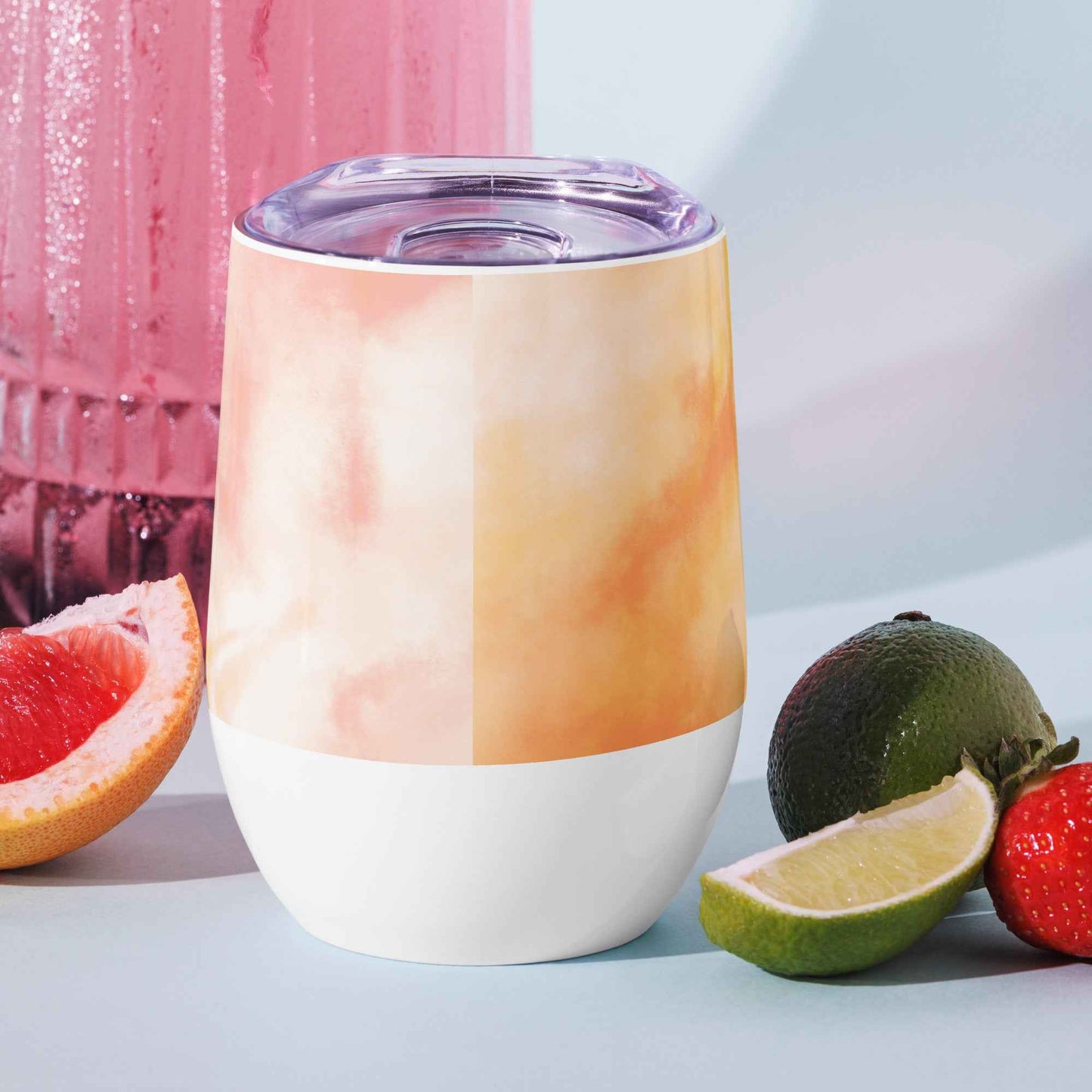 Wine tumbler with clear lid, white base, peach-orange watercolor design