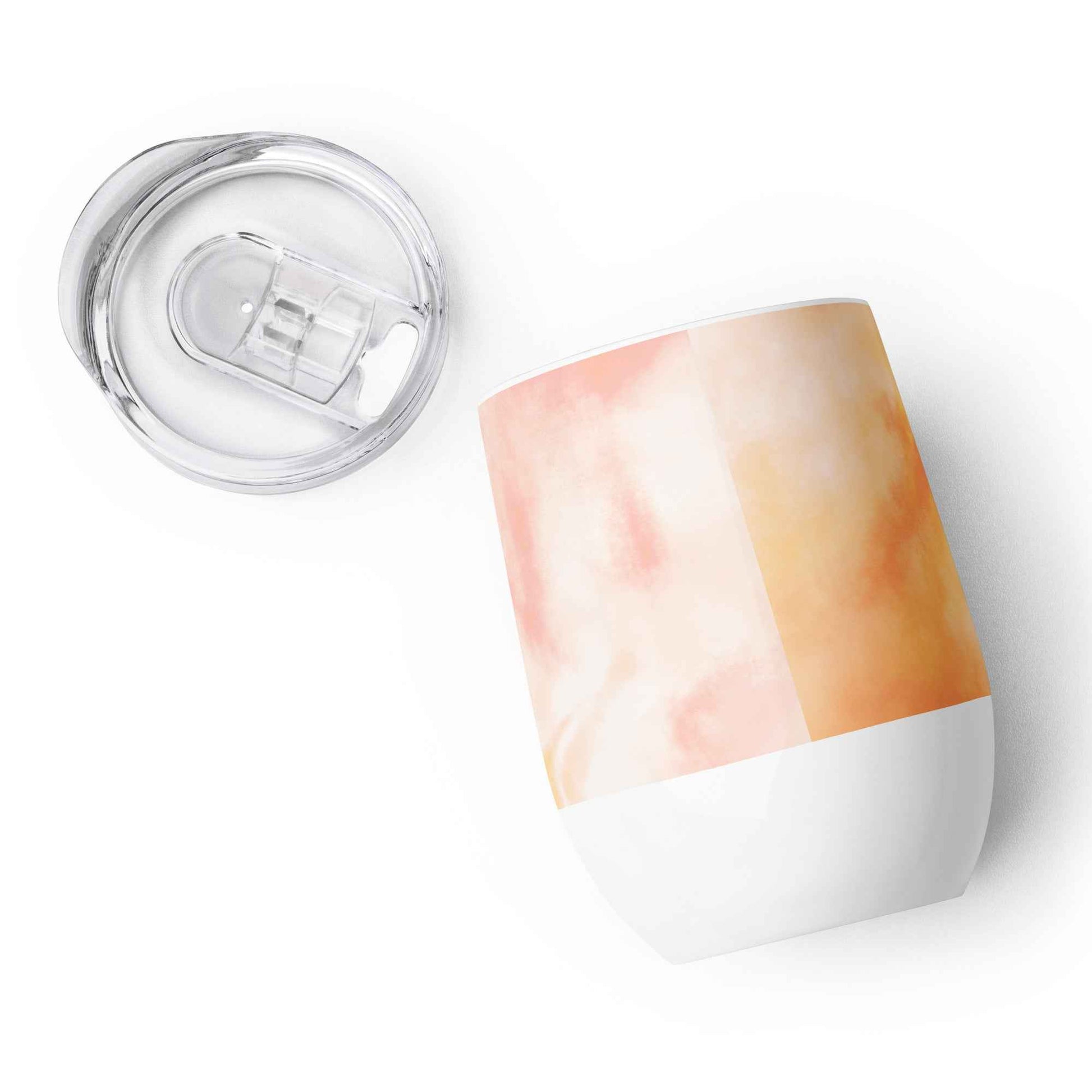 Wine tumbler with clear plastic lid, white base, and orange-pink watercolor gradient wrap graphic.