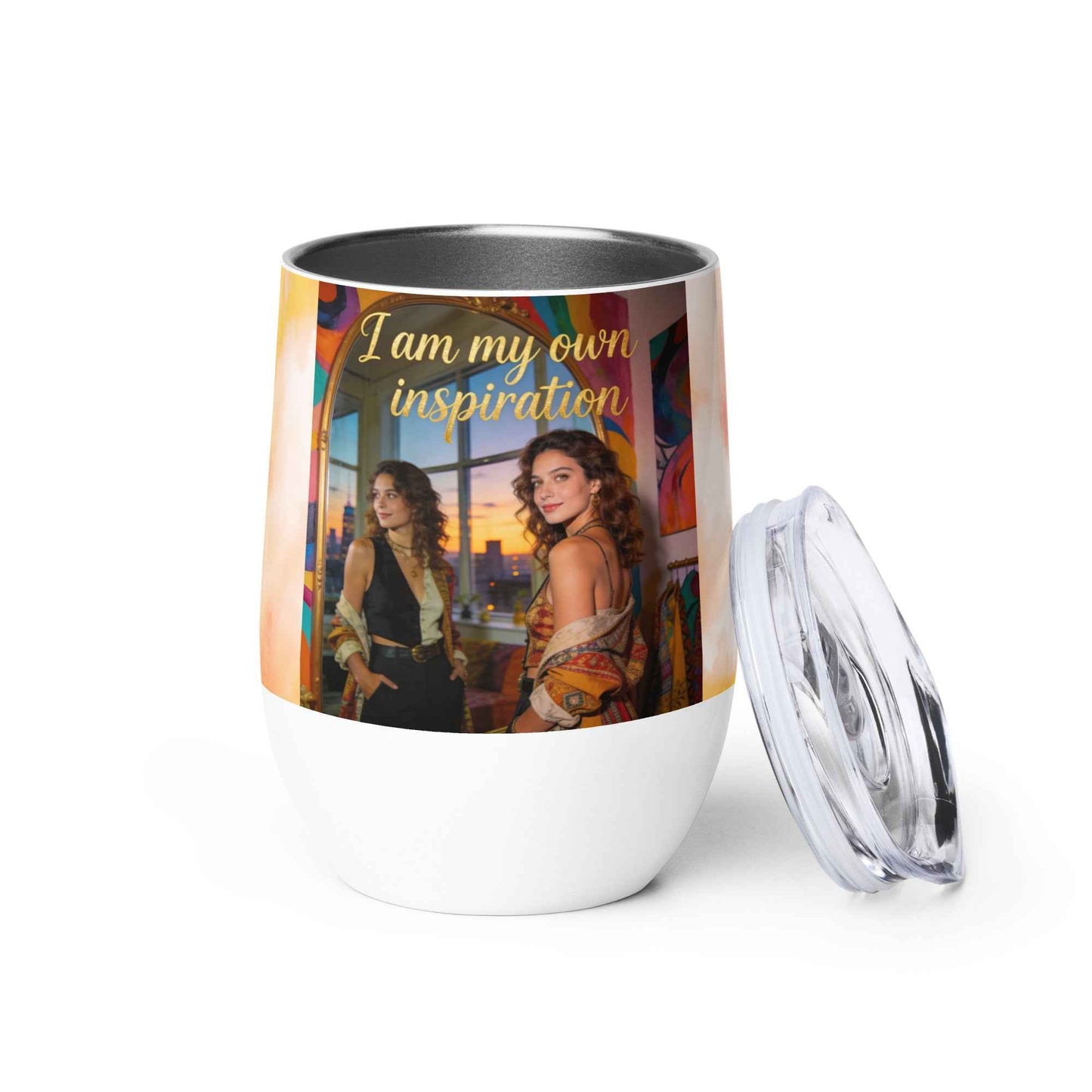 Wine tumbler with clear lid and open cap, white body, "I am my own inspiration" print