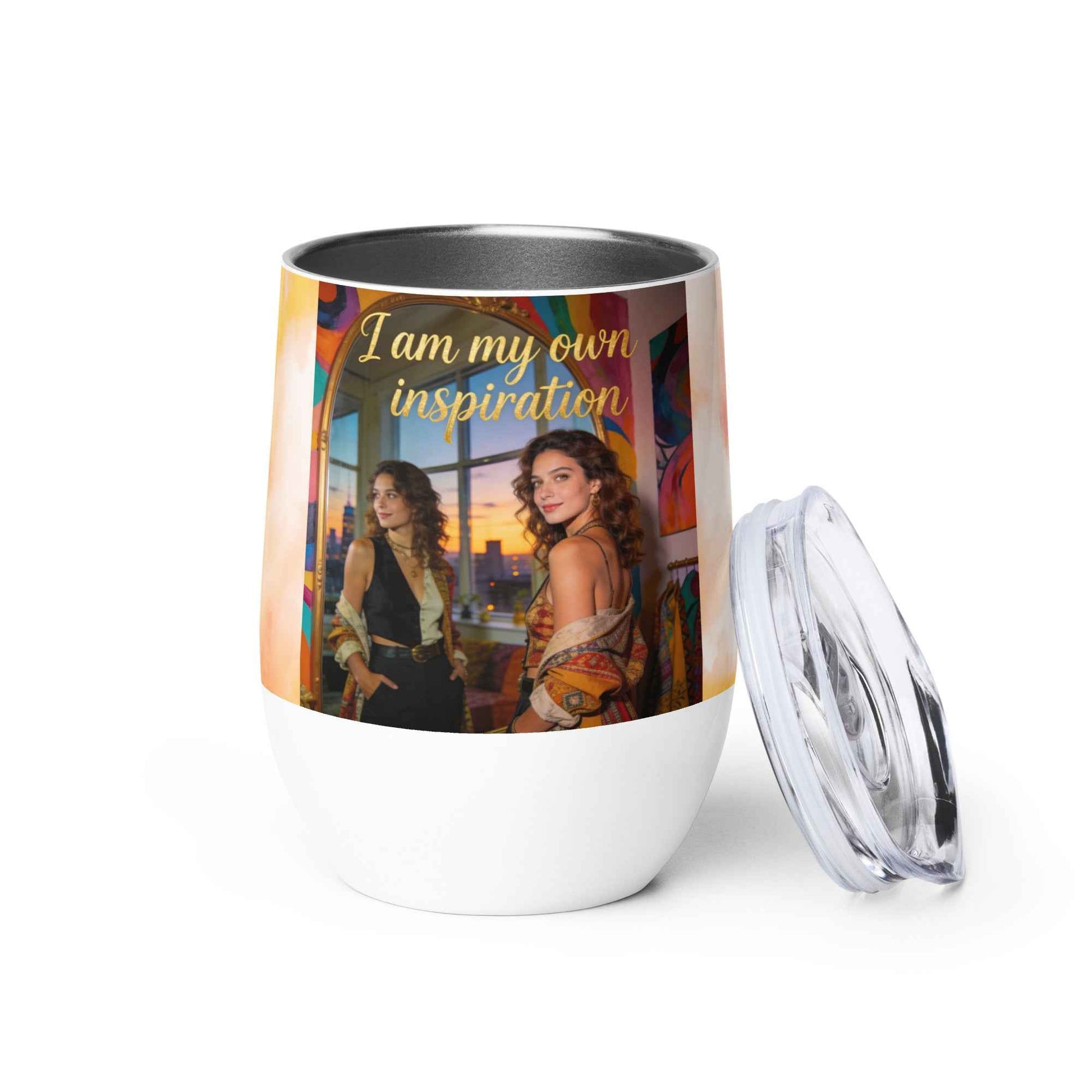 Wine tumbler with clear lid and open cap, white body, "I am my own inspiration" print