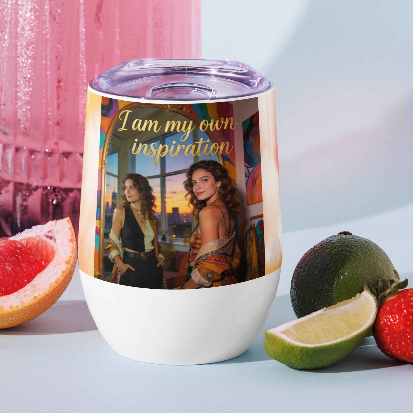 Wine tumbler with clear lid, white body, "I am my own inspiration" quote with portraits