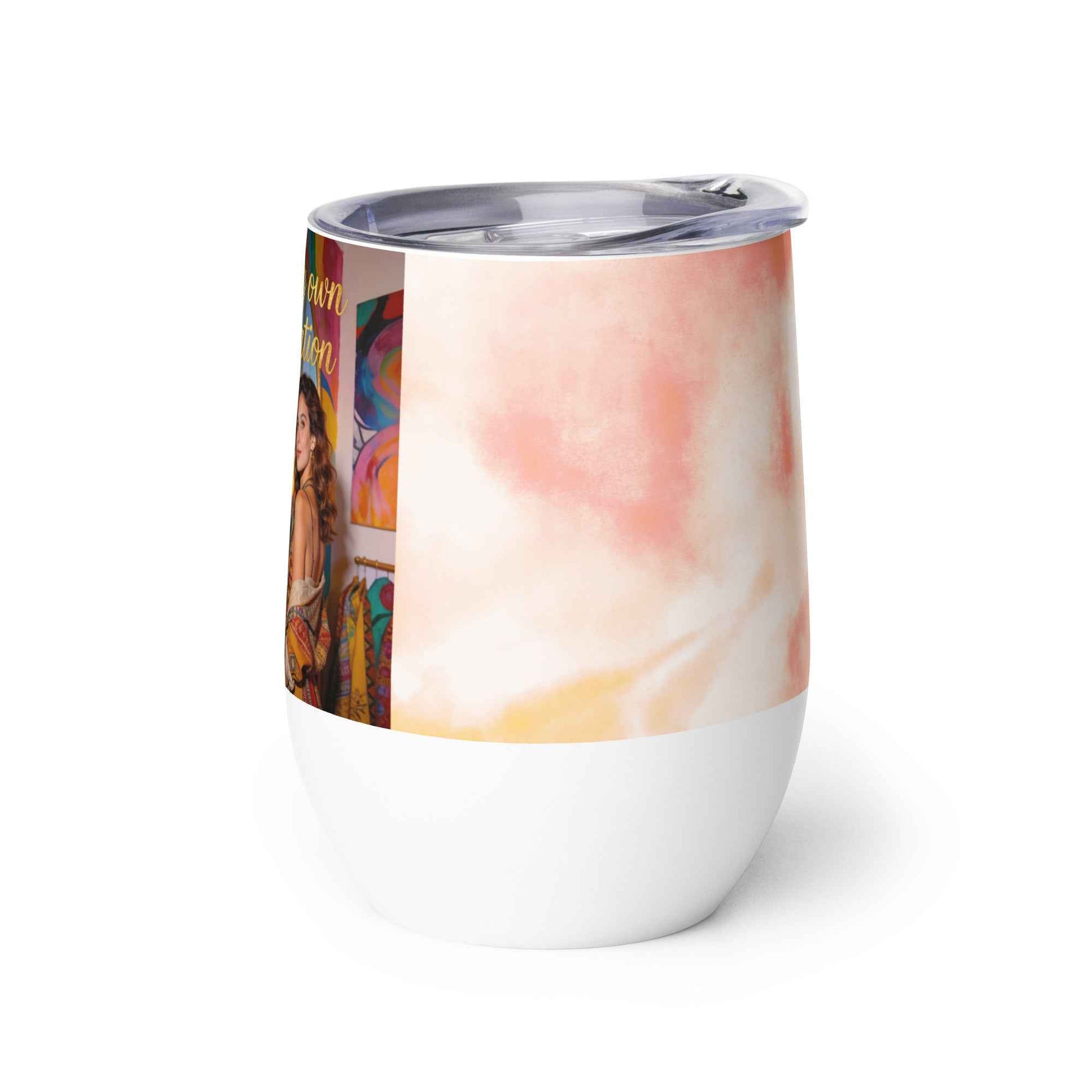 Wine tumbler with clear lid, white base, watercolor wrap with partial quote print