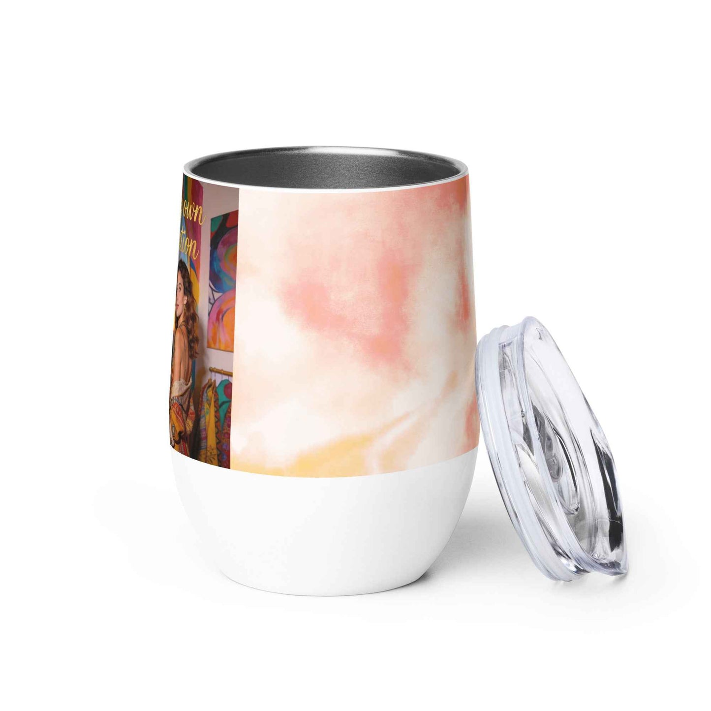 Wine tumbler with open lid and cap, white base, orange-pink watercolor design