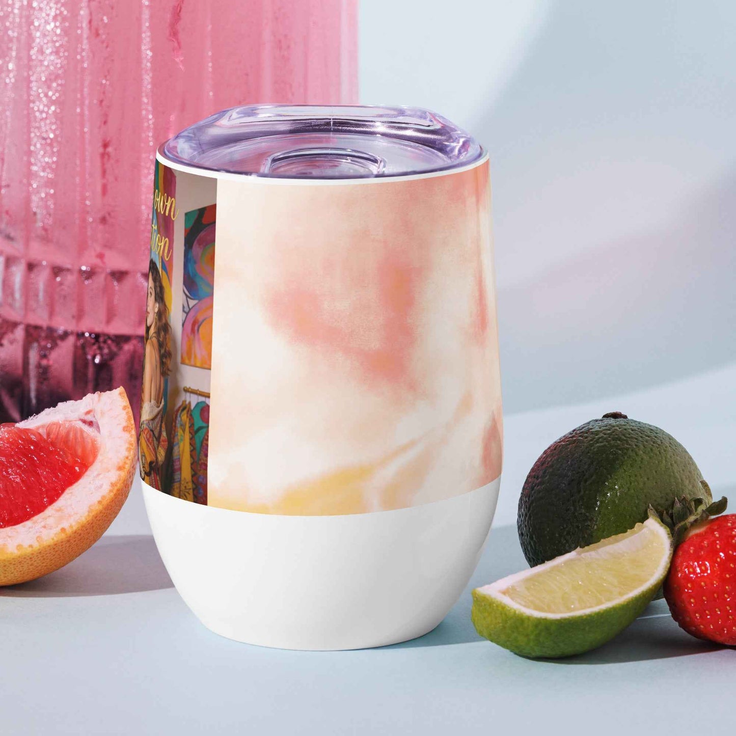 Printed wine tumbler with clear lid and white base, frosted watercolor design