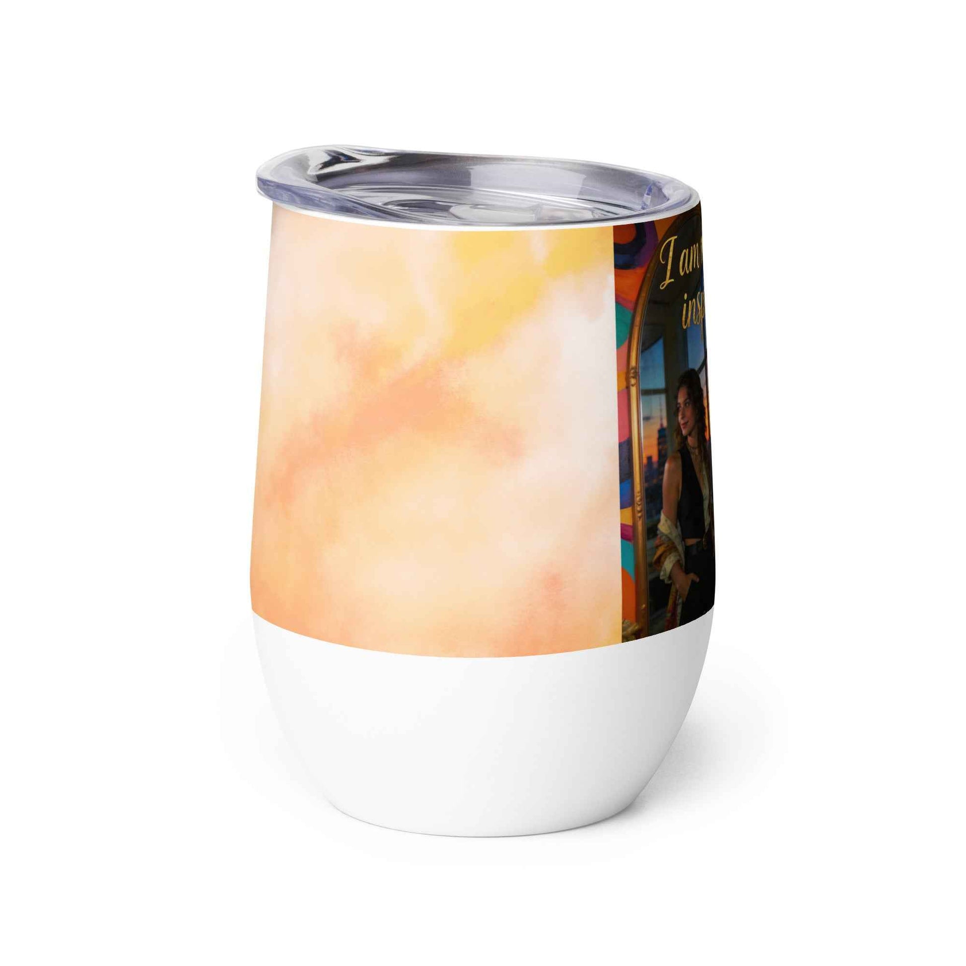 Wine tumbler with clear lid, white base, orange-pink watercolor and side quote panel