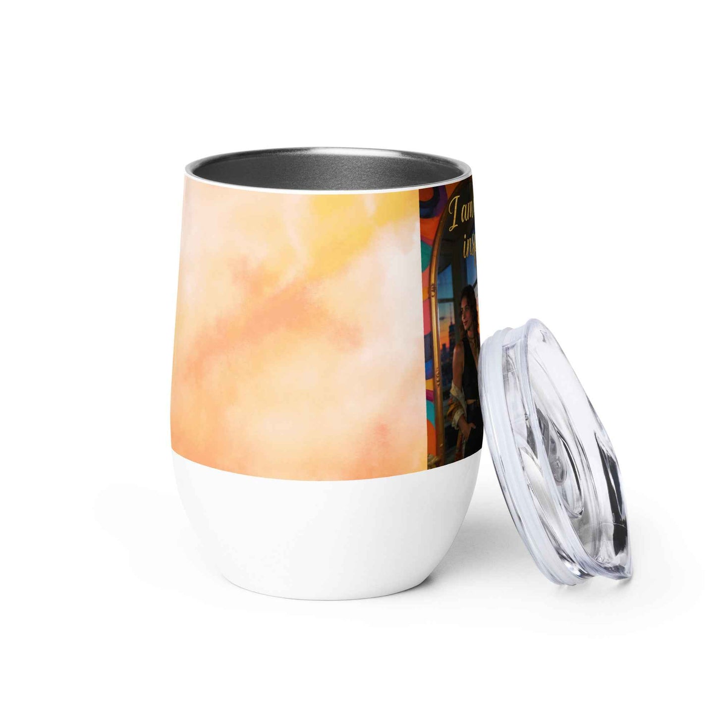 Wine tumbler with open lid and cap, white base, watercolor wrap with partial quote