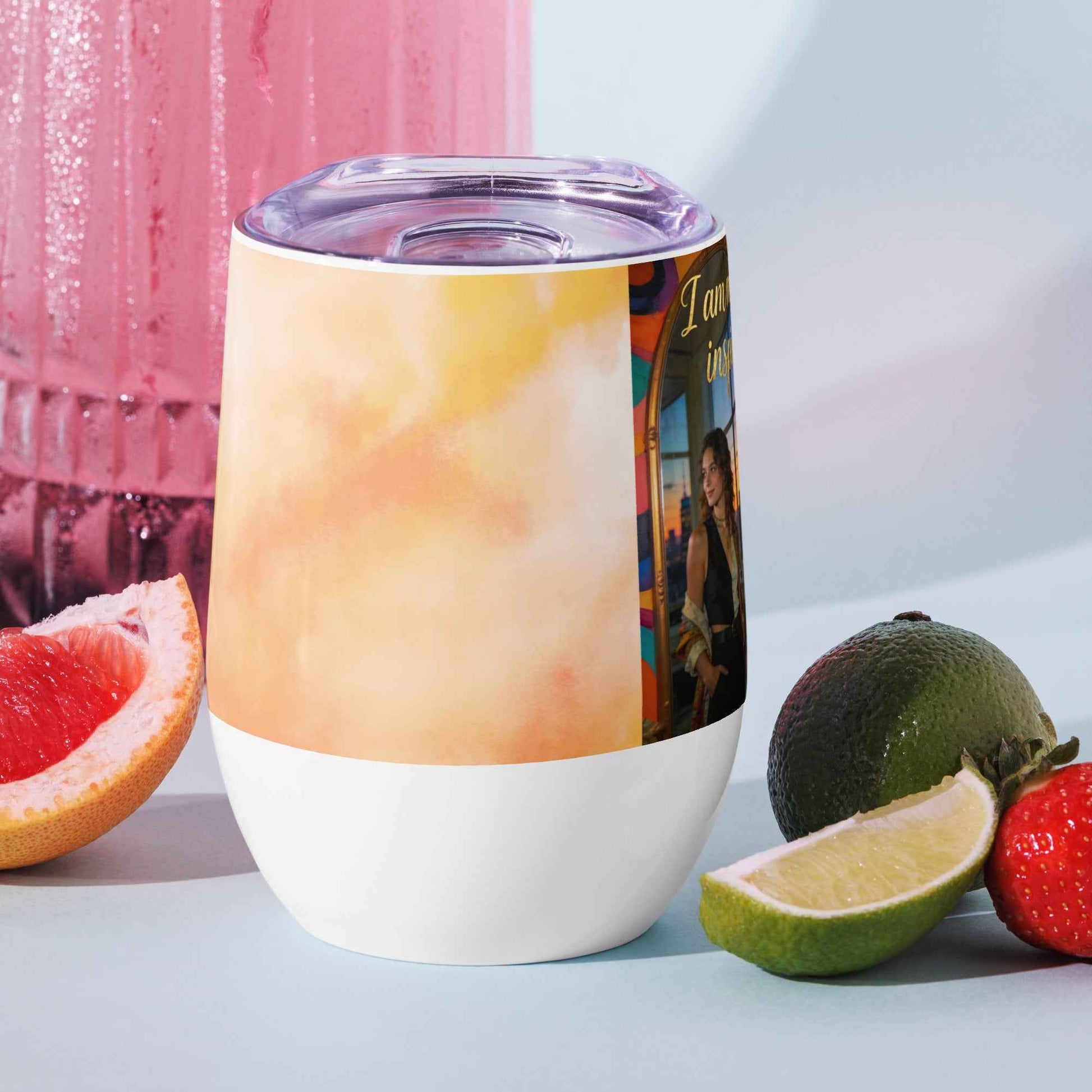 Printed wine tumbler with clear lid and white base, multicolor wrap design